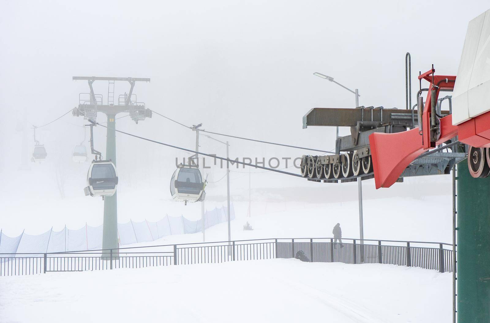 Ropeway on the Barukiani slope for skiing and skiers, Bakuriani, February 2022, Georgia