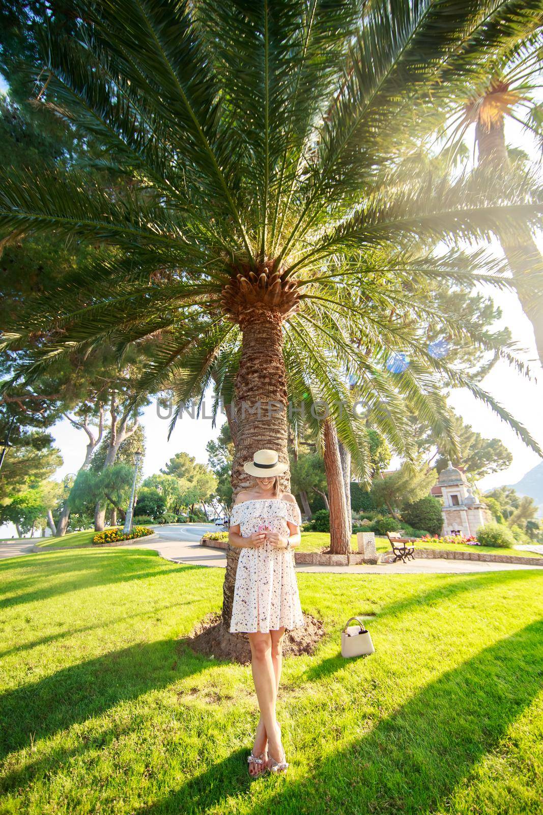 The bright beautiful girl in a light dress and hat standing under a palm tree of Monaco in sunny weather in summer. High quality photo