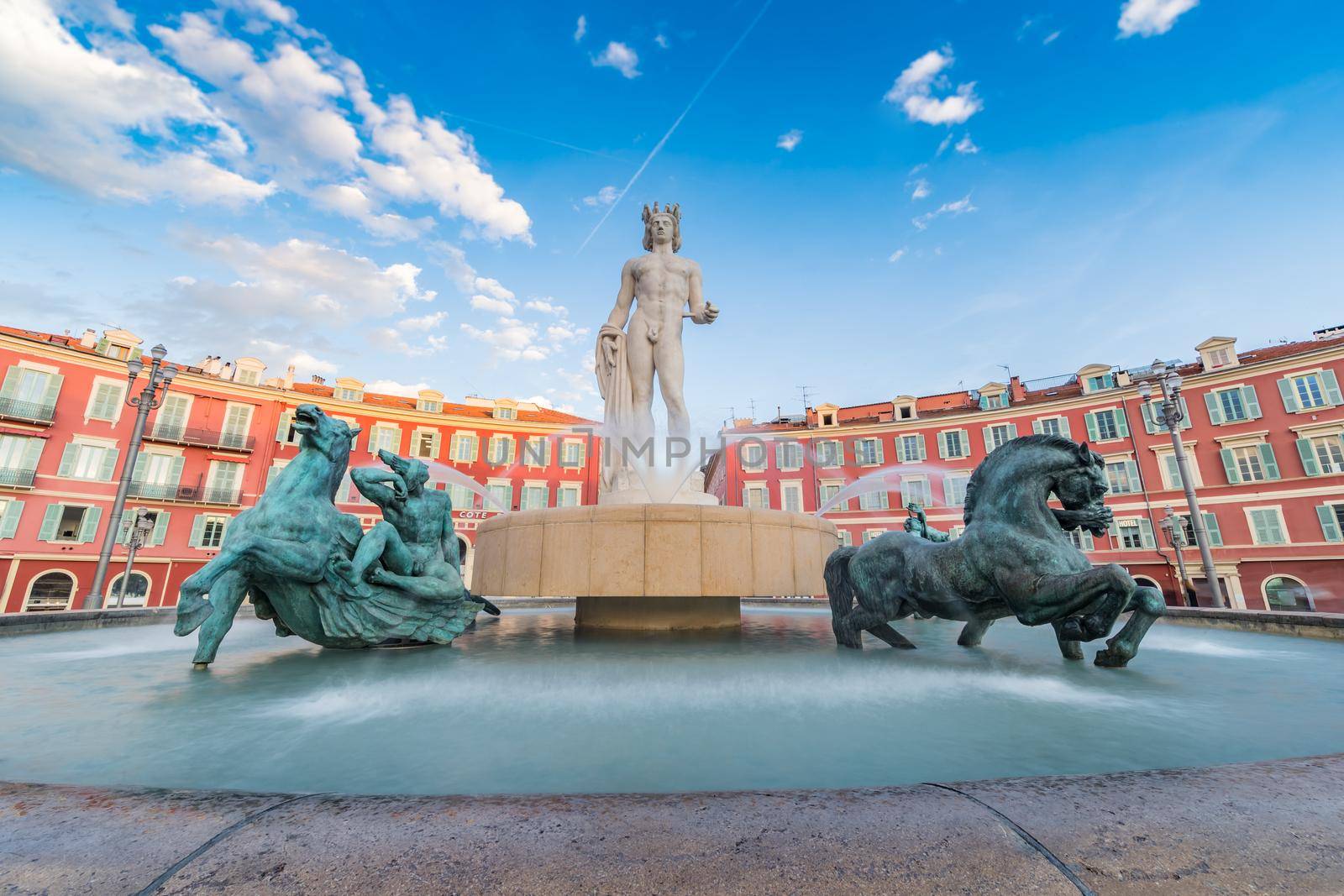 Fountain of the Sun, Place Massena in center of Nice, France, Place Carlou Aubert, tourism, sunny day, blue sky, square tiles laid out in a checkerboard pattern, Apollon statue by vladimirdrozdin