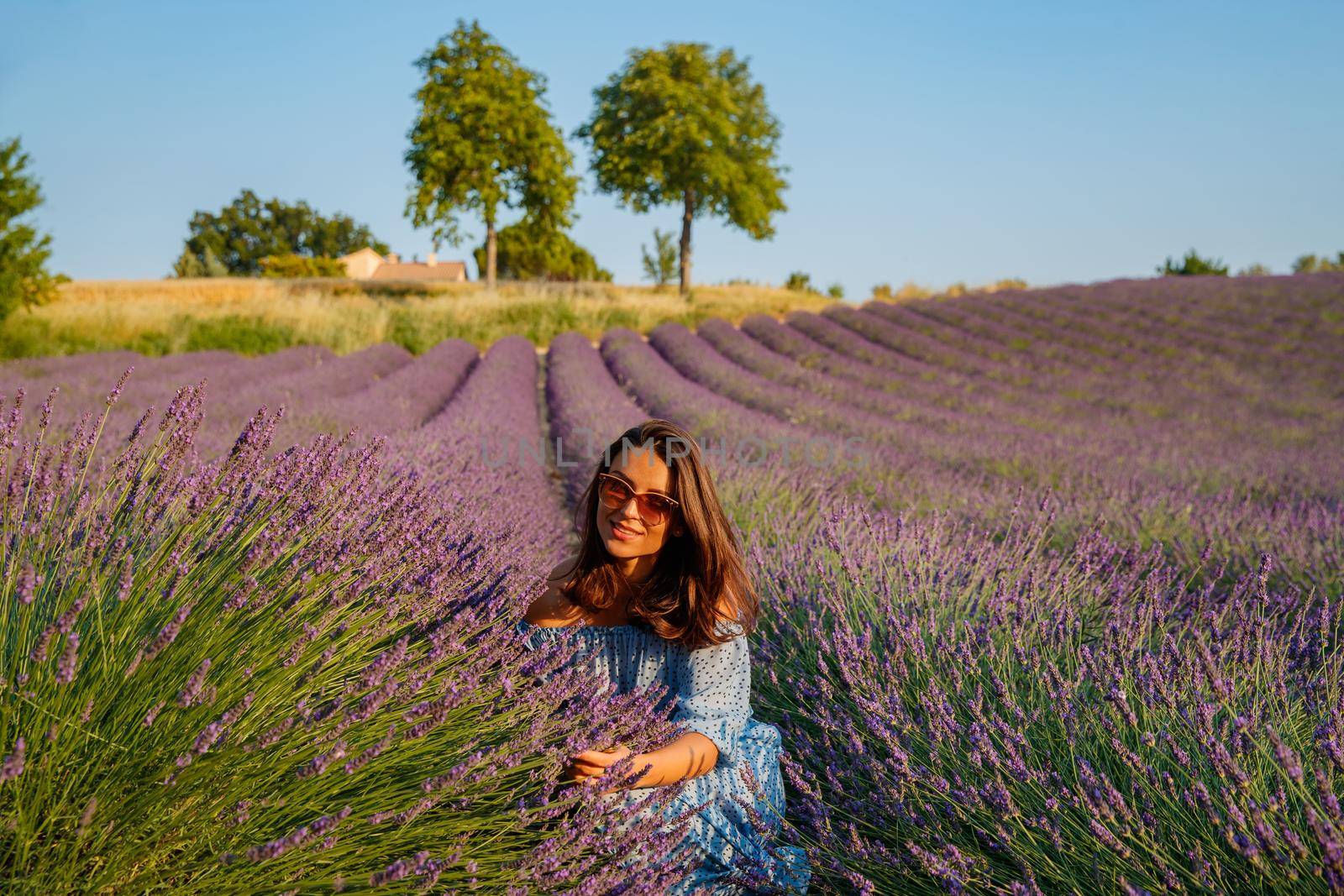 The beautiful young girl in a blue dress sits on the field of a lavender flowers, long curly hair, bright smile, a house of the gardener, trees, perspective of a lavender. High quality photo