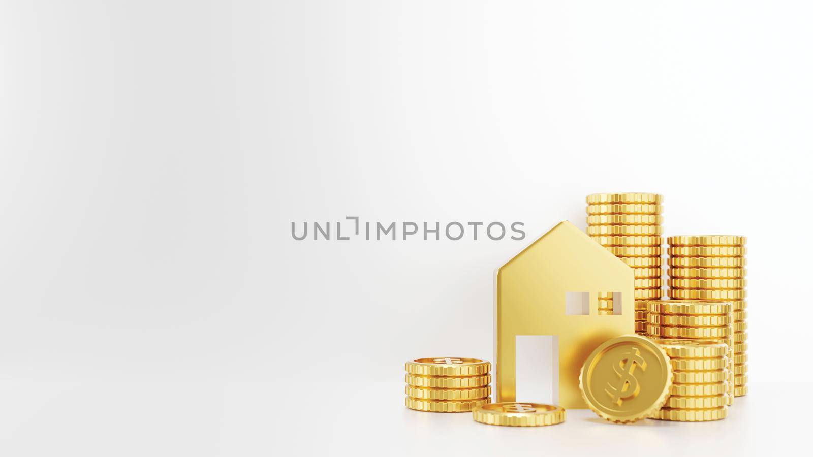 Gold home and coins on white background 3D render by Myimagine