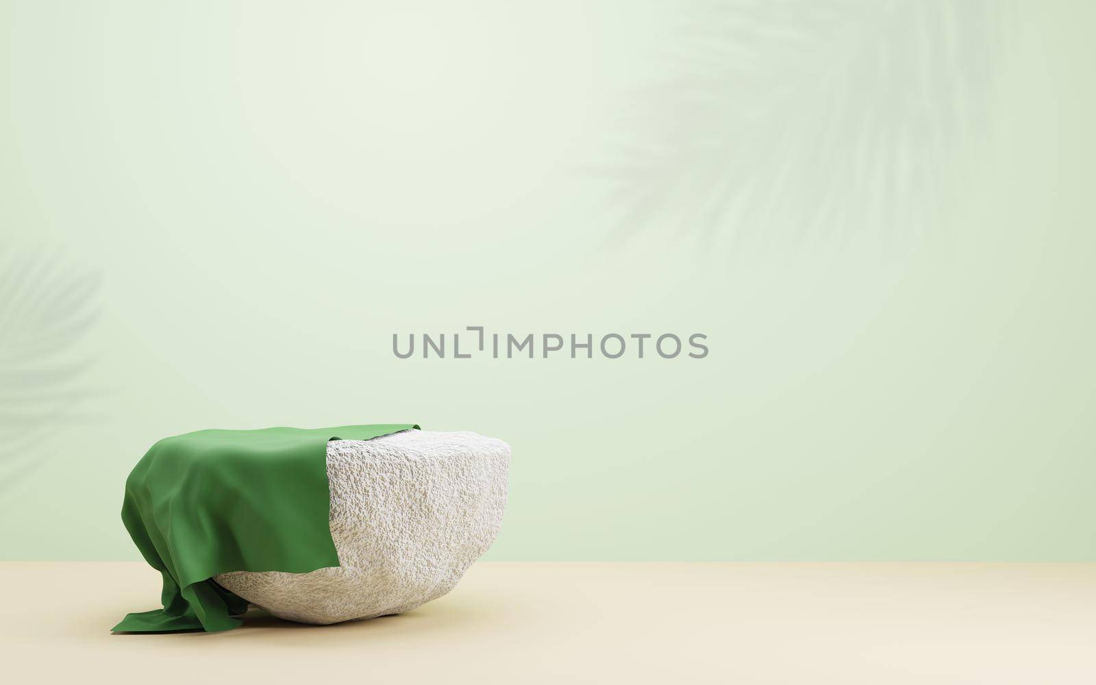 Stone podium and palm leaves shadow on green background with copy space 3D render