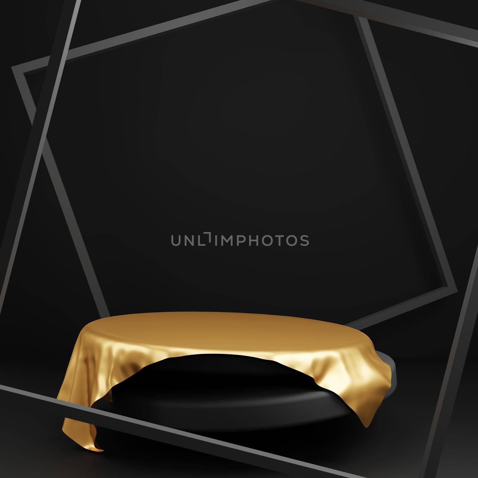 Black friday sale banner concept design of podium and luxury gold cloth with wooden frame 3D render by Myimagine