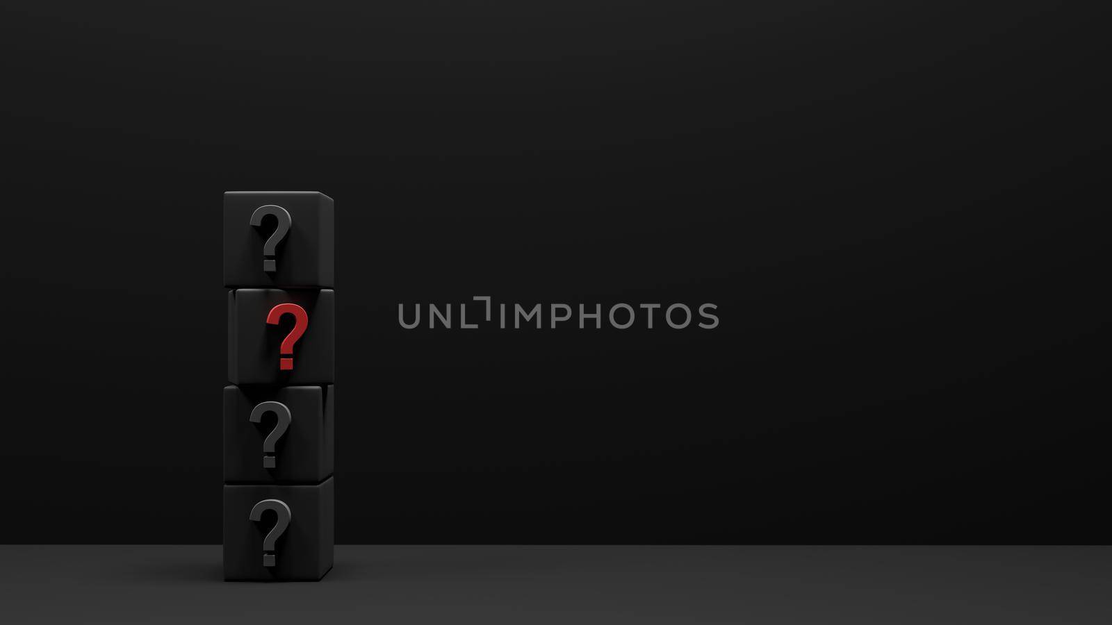 Black cube with sign question mark 3D render