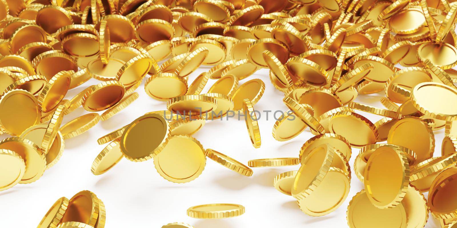 Gold coin falling down on white floor 3D render by Myimagine
