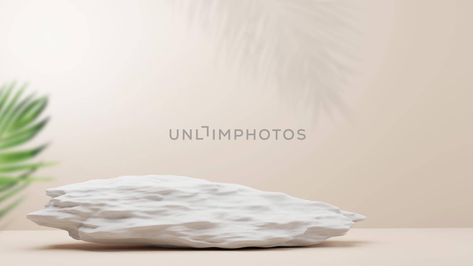 Stone podium and palm foliage on brown background with copy space 3D render by Myimagine