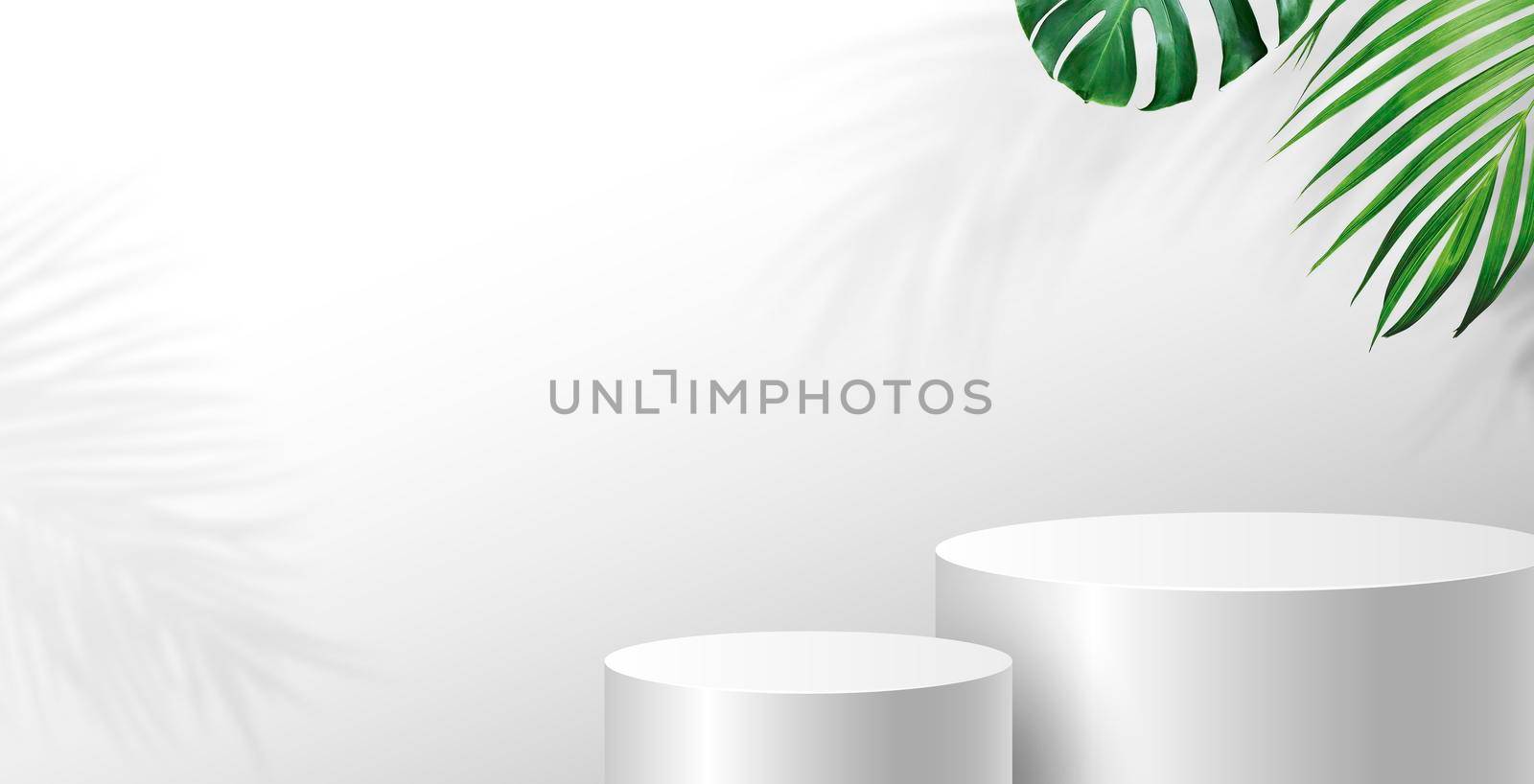 Blank podium and tropical leaves with copy space on white background by Myimagine