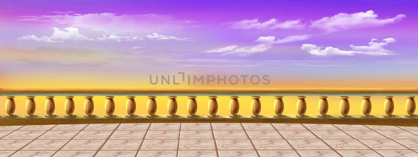 Sunrise view from the paving slab observation deck. Digital Painting Background, Illustration.