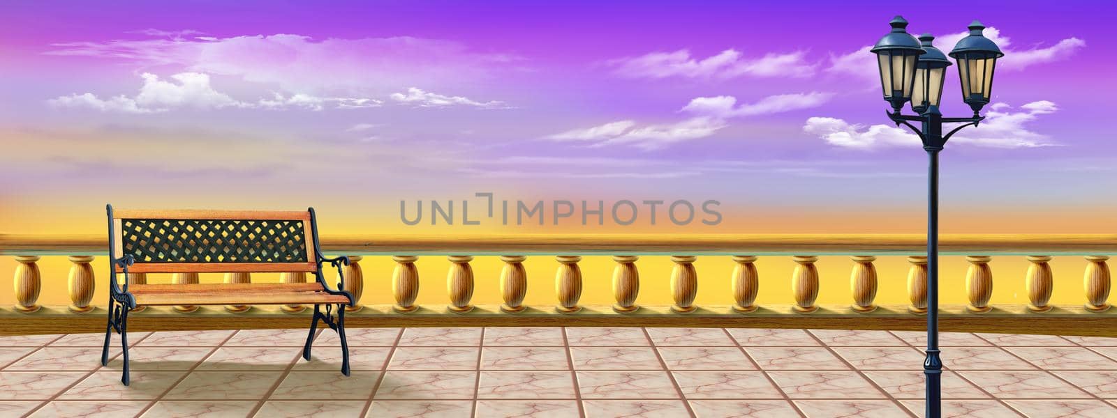 Sunrise view from the paving slab observation deck with bench and street lamp. Digital Painting Background, Illustration.