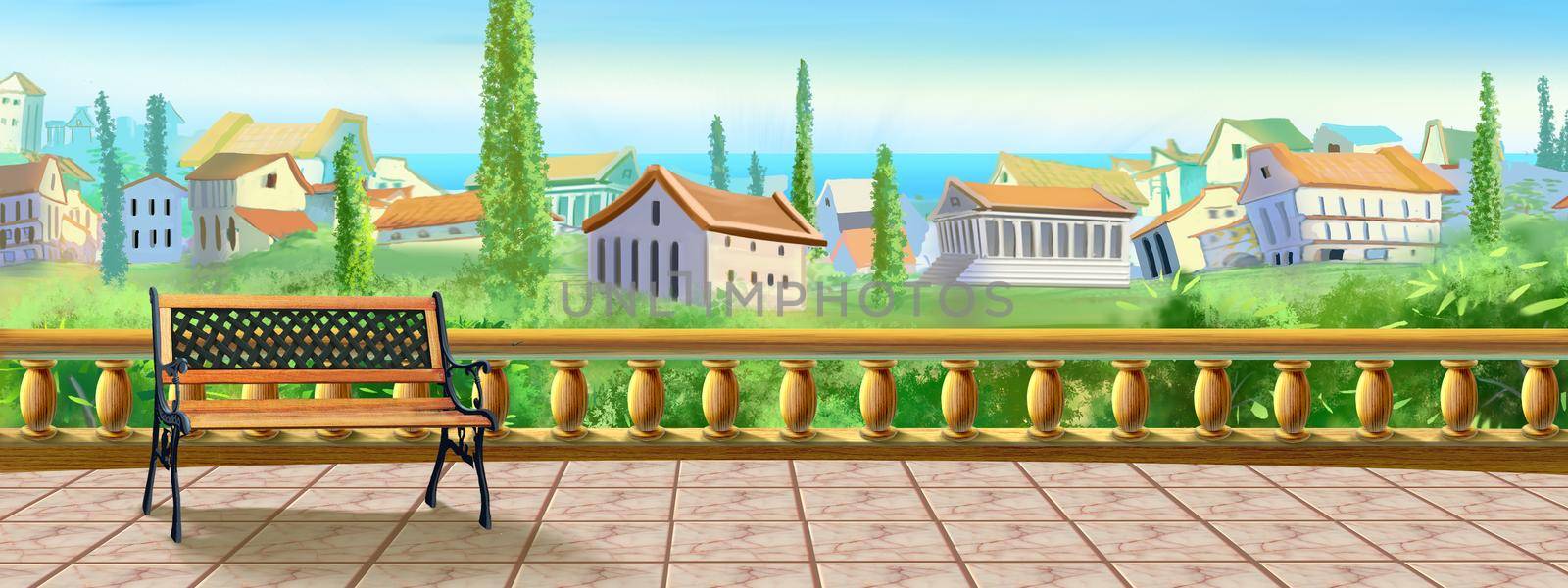 View of the city from the paving slab observation deck with bench. Digital Painting Background, Illustration.