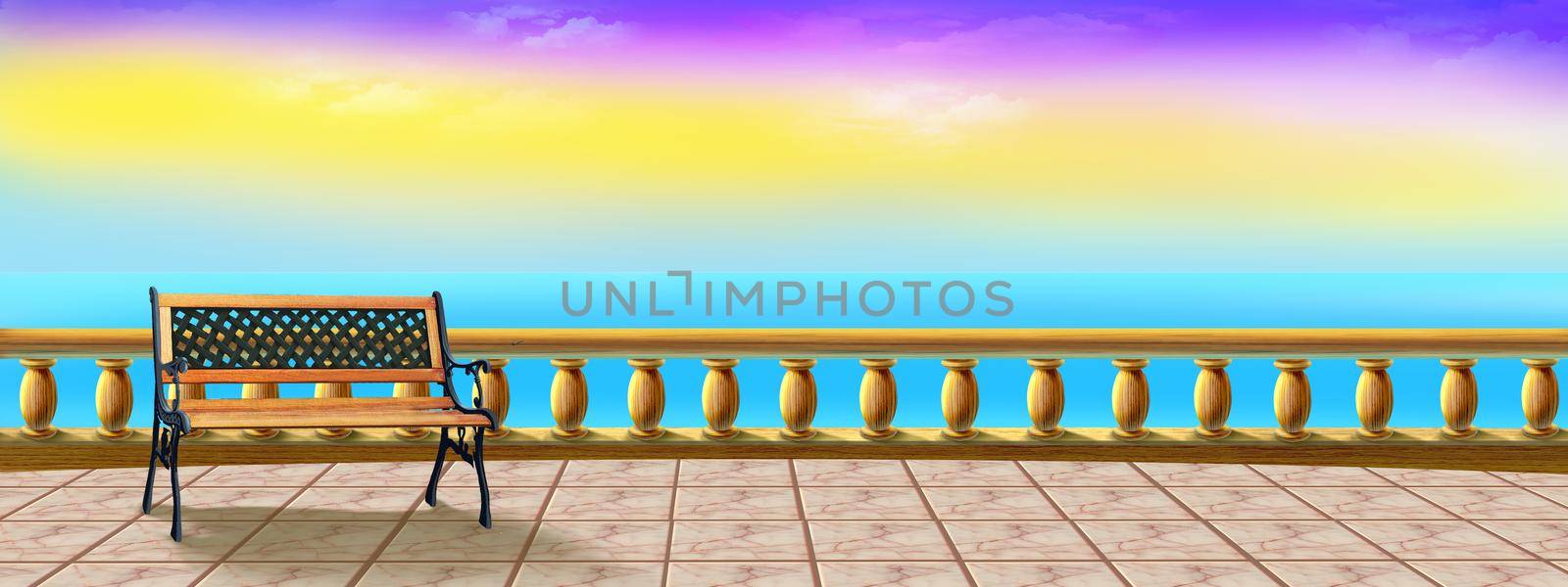 Sunrise view over the sea from the paving slab observation deck with bench. Digital Painting Background, Illustration.