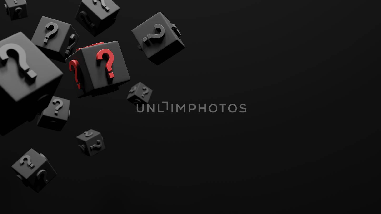 Black cube with sign question mark background with copy space 3D render by Myimagine