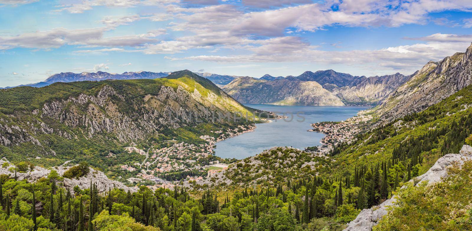 Montenegro. Bay of Kotor, Gulf of Kotor, Boka Kotorska and walled old city. Fortifications of Kotor is on UNESCO World Heritage List since 1979.