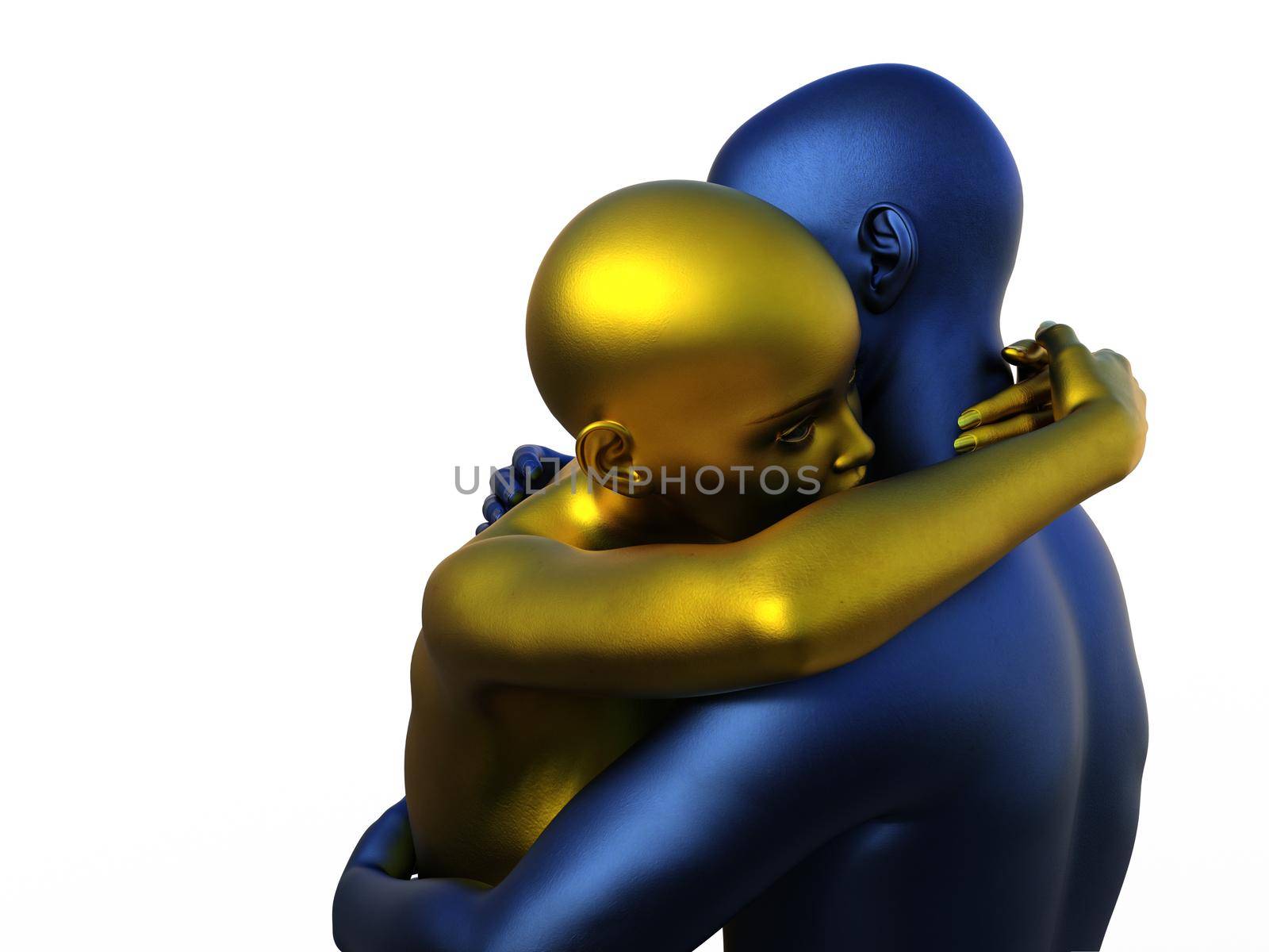 3D render portrait of golden woman and blue man hugging. by mrwed54