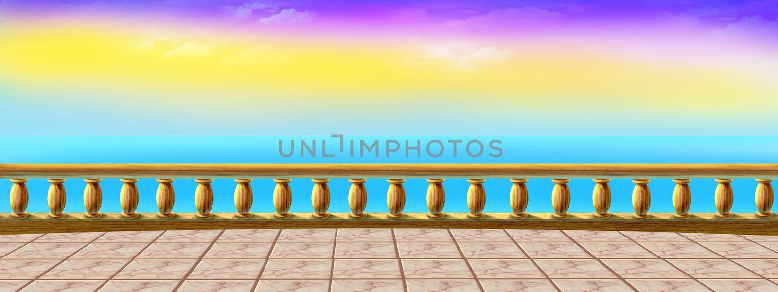 Sunrise view over the sea from the paving slab observation deck. Digital Painting Background, Illustration.