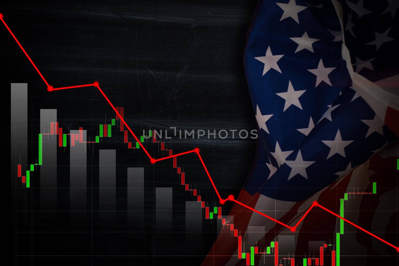USA. America stock market. New york stock exchange analysis forex indicator Trading graph chart business growth finance money crisis economy and dollar Trade war with America usa flag. blurred photo by Andelov13