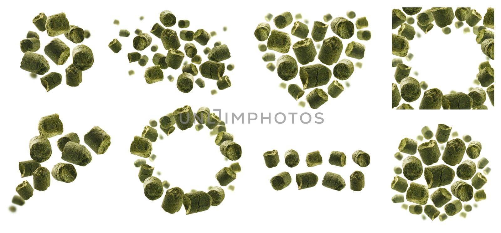 A set of photos. Green granulated hops levitate on a white background.