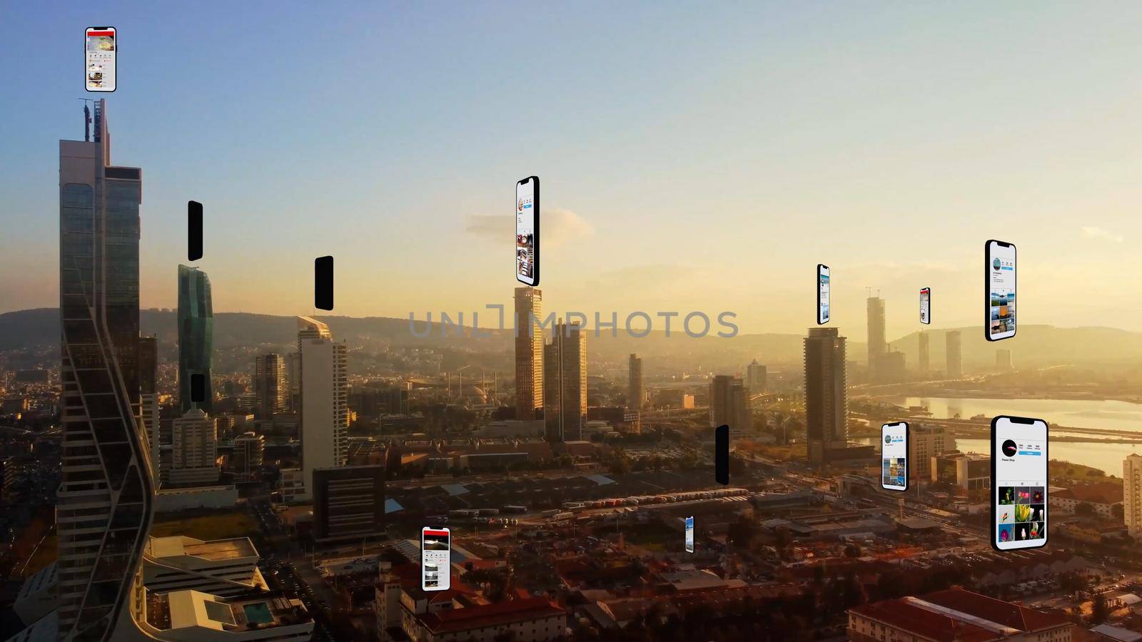 Connected aerial city with several interfaces. Futuristic concept. Augmented reality over Izmir. High quality photo