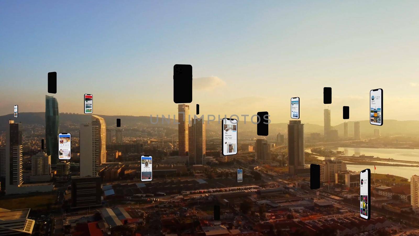 Connected aerial city with several interfaces. Futuristic concept. Augmented reality over Izmir. High quality photo