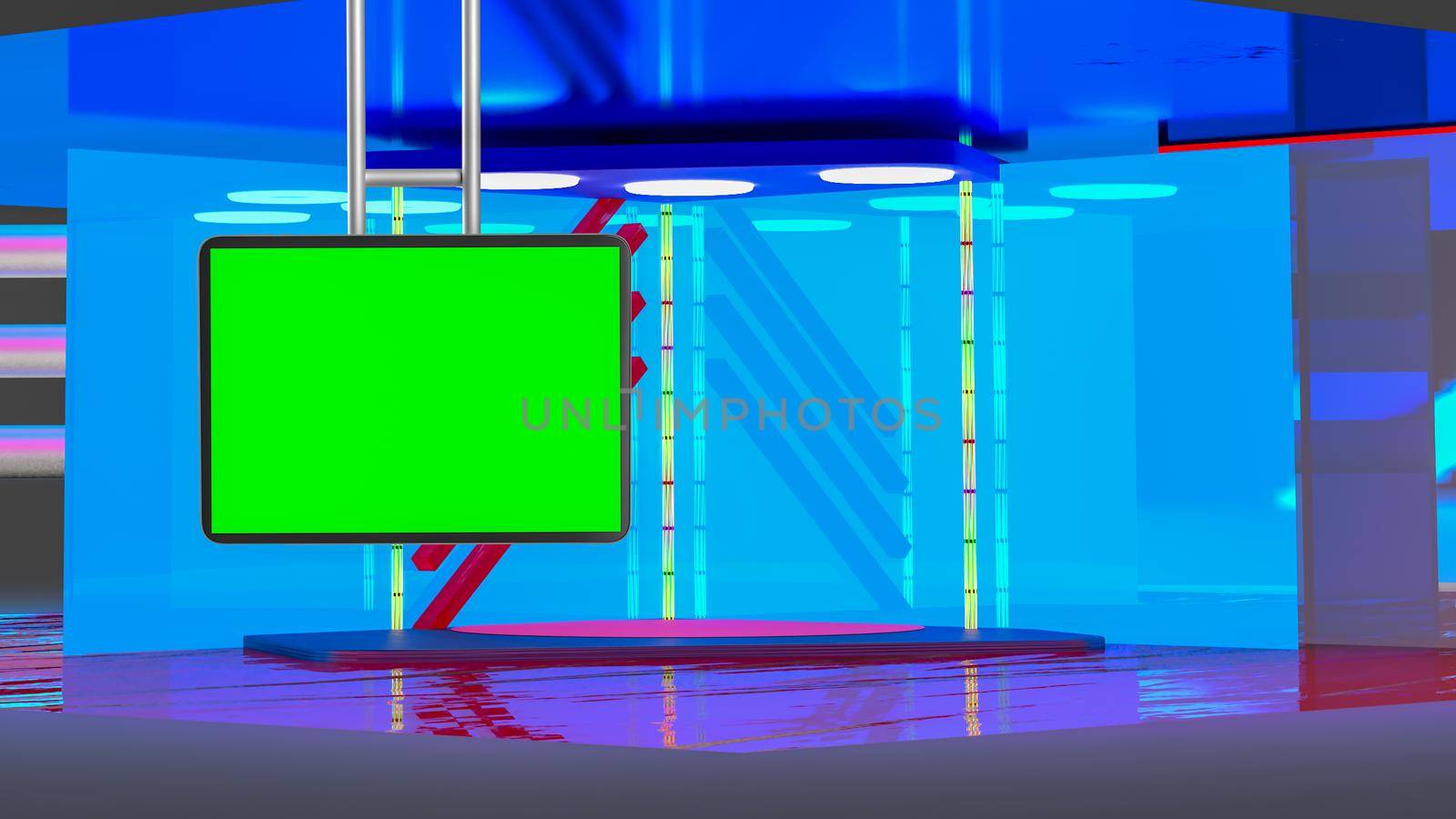 Virtual TV news broadcast studio set background with suspended greenscreen