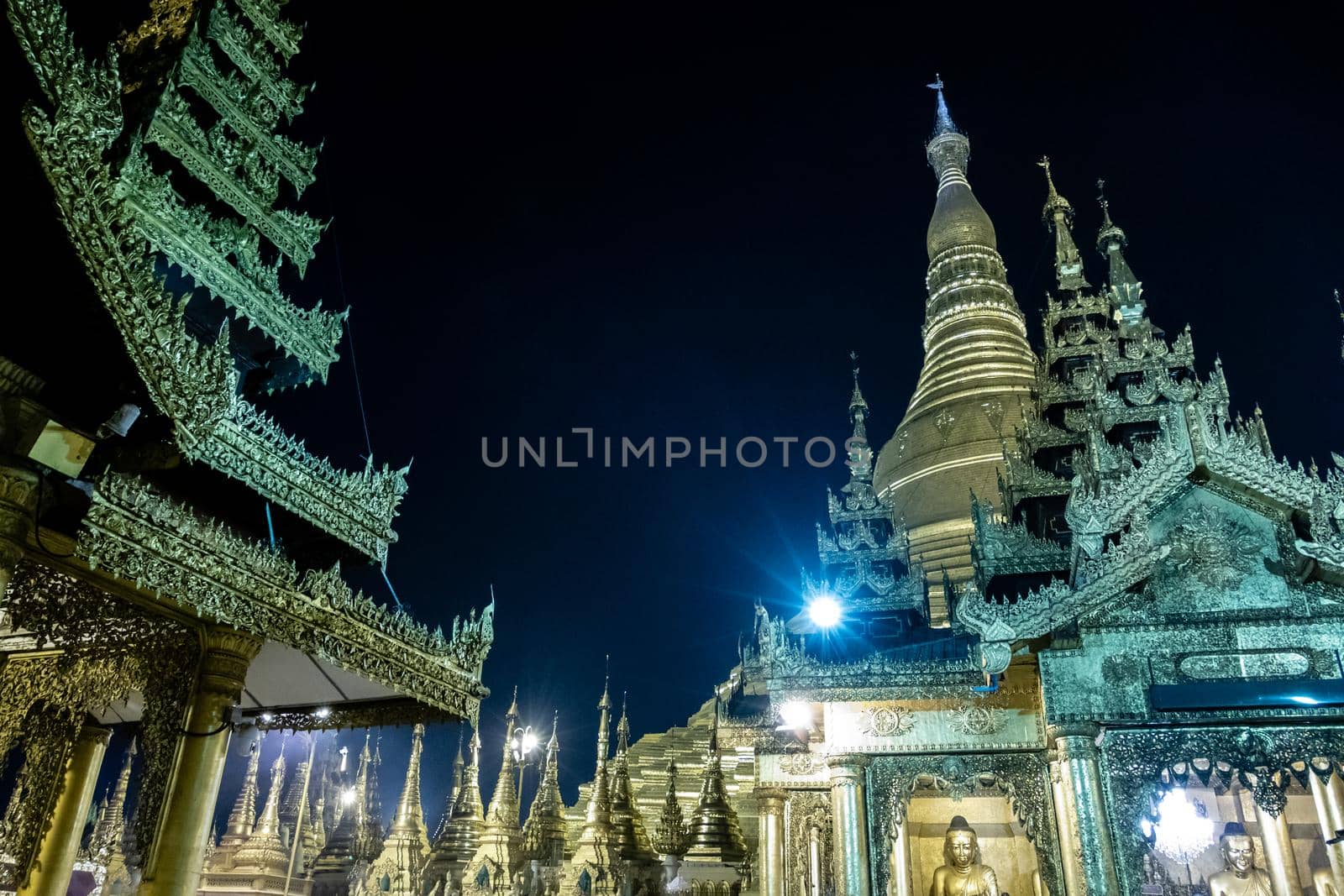 Night view of Shwedagon Pagoda, a gilded stupa located in Yangon, Myanmar