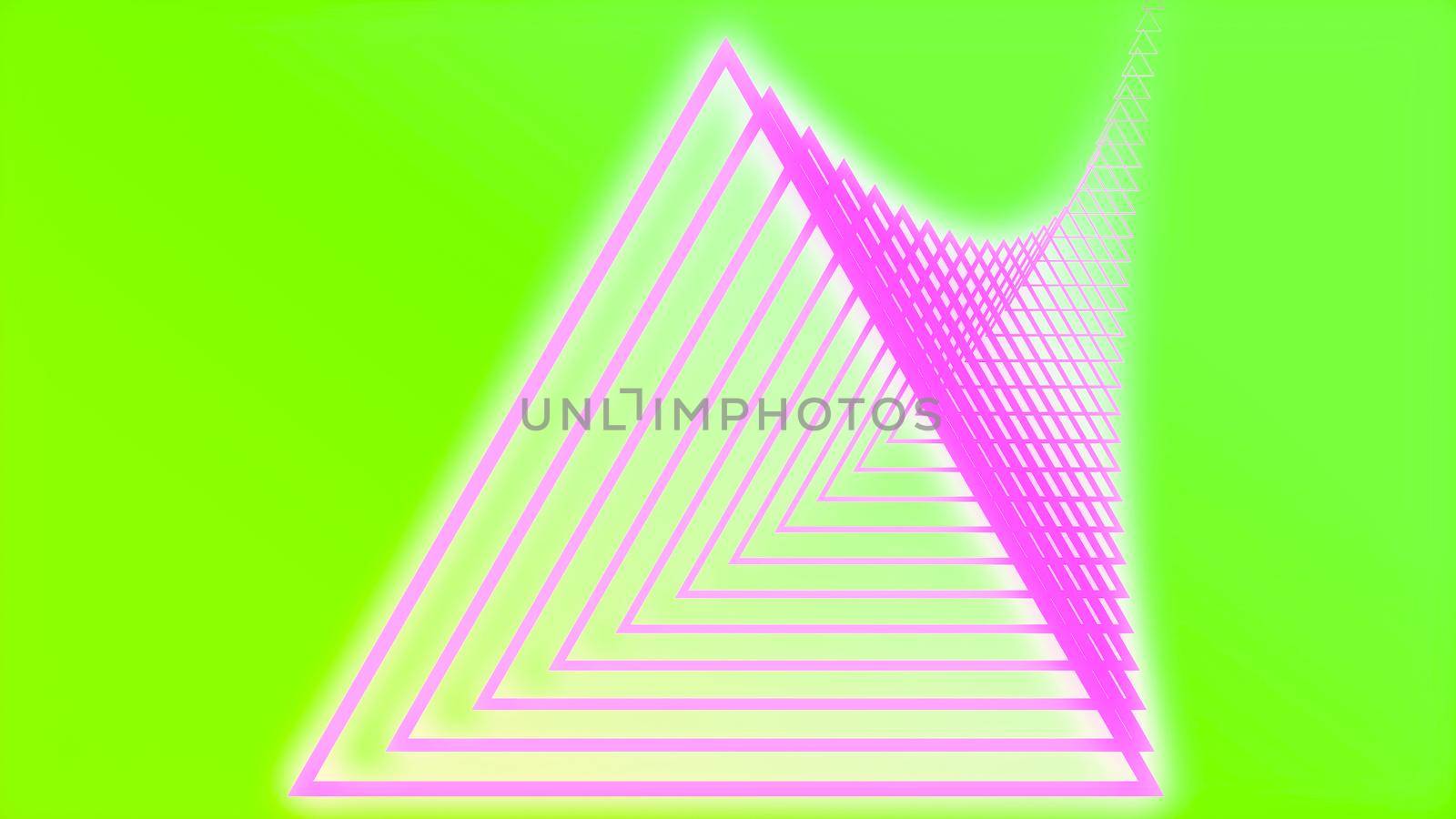 Abstract pink  neon triangles tunnel with green background