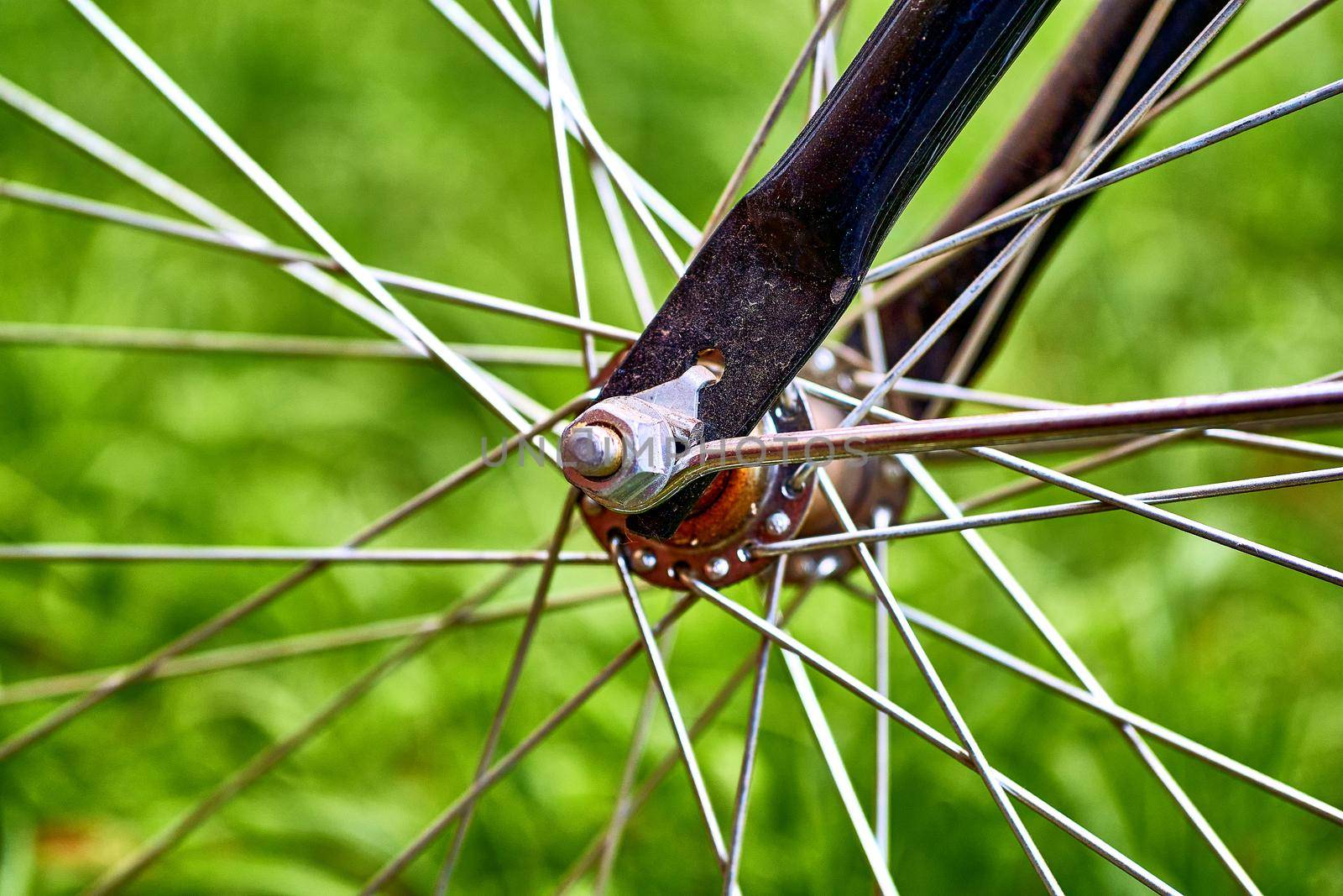 a circular object that revolves on an axle and is fixed below a vehicle or other object to enable it to move easily over the ground.Bicycle wheel with hub close up on the grass background.