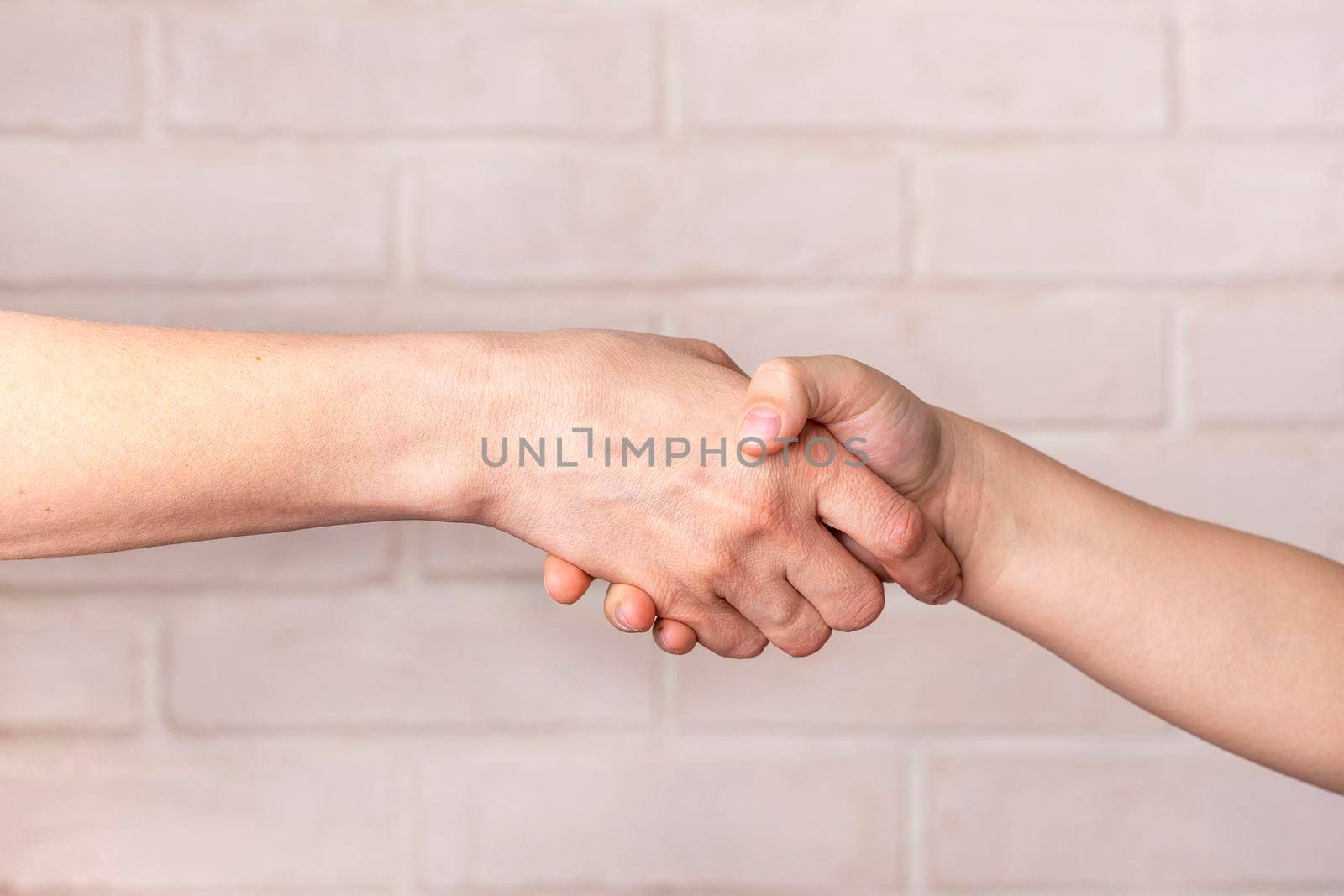 an adult hand shakes a child's hand on a light background. The concept of mutual understanding, friendship.