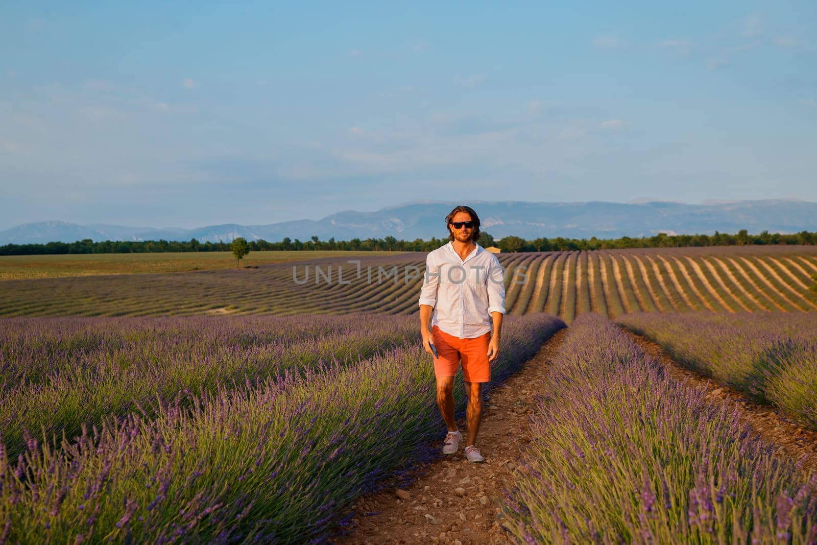 The handsome brutal man with long brunette hair is walking in the field of lavender in provence near Valensole, France, clear sunny weather, in a rows of lavender, red shorts, white shirts, blue sky. High quality photo