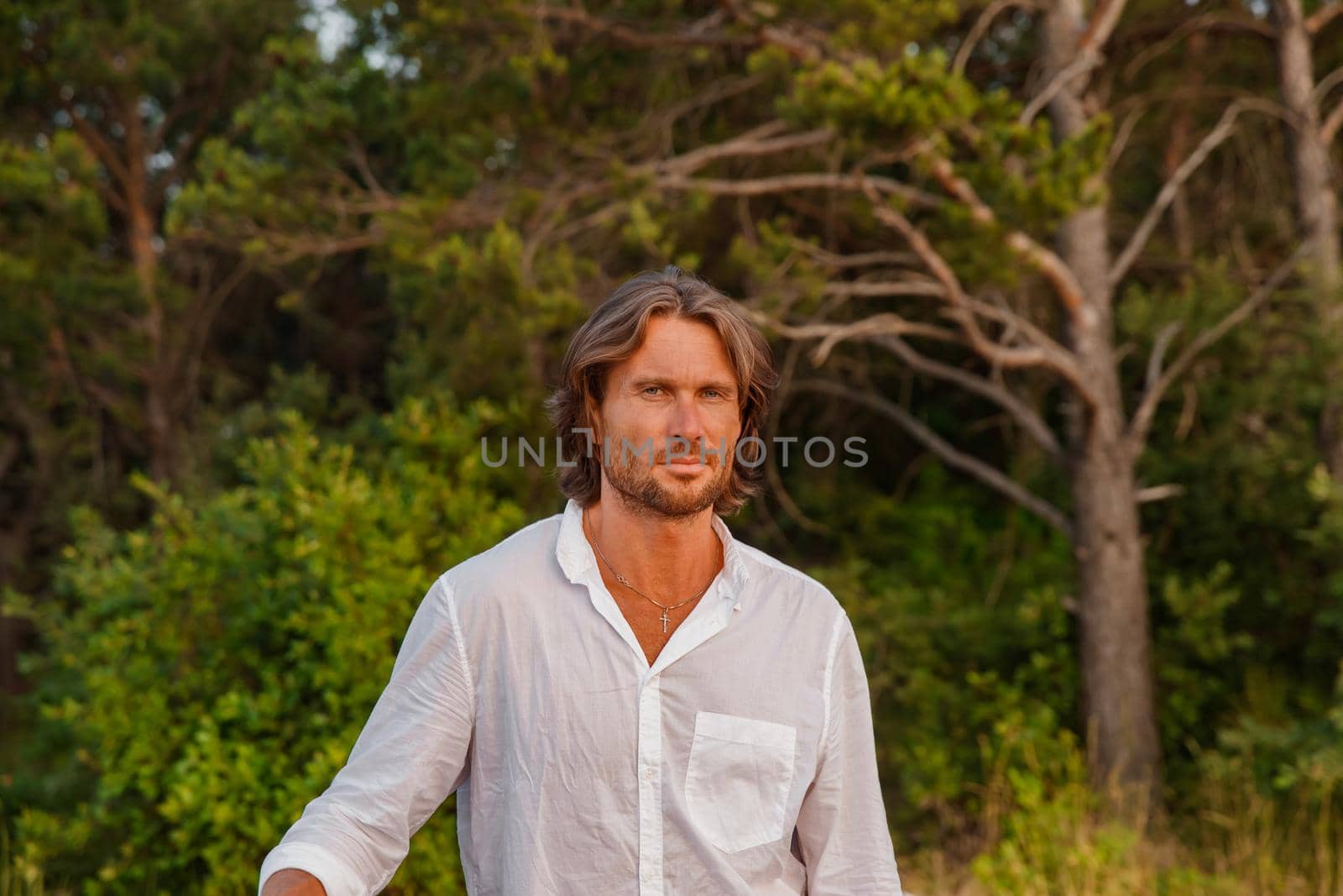 Portrait of handsome brutal man with long hair at sunset, the blue eyes, an easy bristle, he is dressed in a white shirt with a short sleeve, green trees on a background. High quality photo