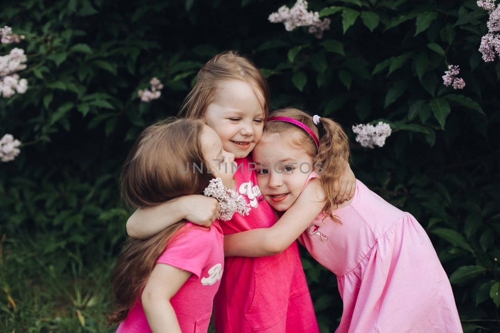 Three beautiful cute girls and girlfriends hug in pink dresses in a blooming park in spring. by StudioLucky