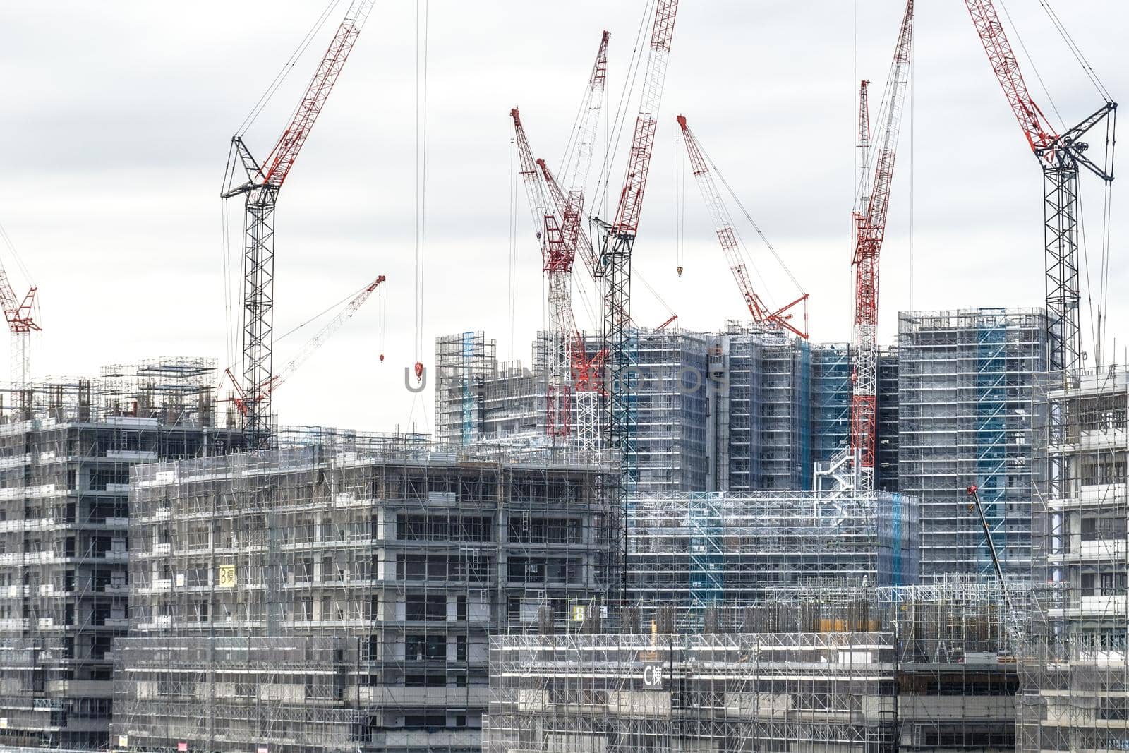 Construction landscape of Harumi wharf (Olympic player village). Shooting Location: Tokyo metropolitan area