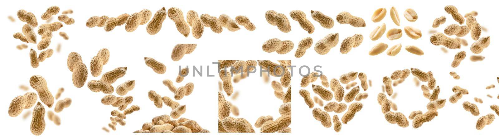 A set of photos. Peanuts in the shell levitate on a white background.