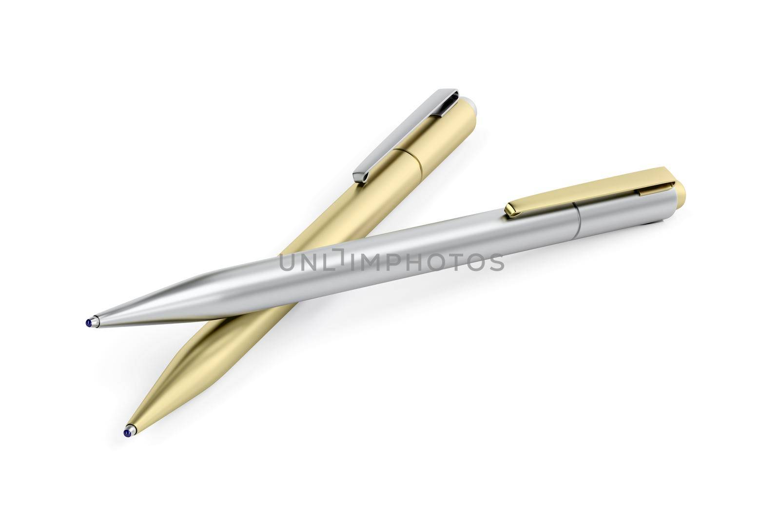 Gold and silver pens on white background