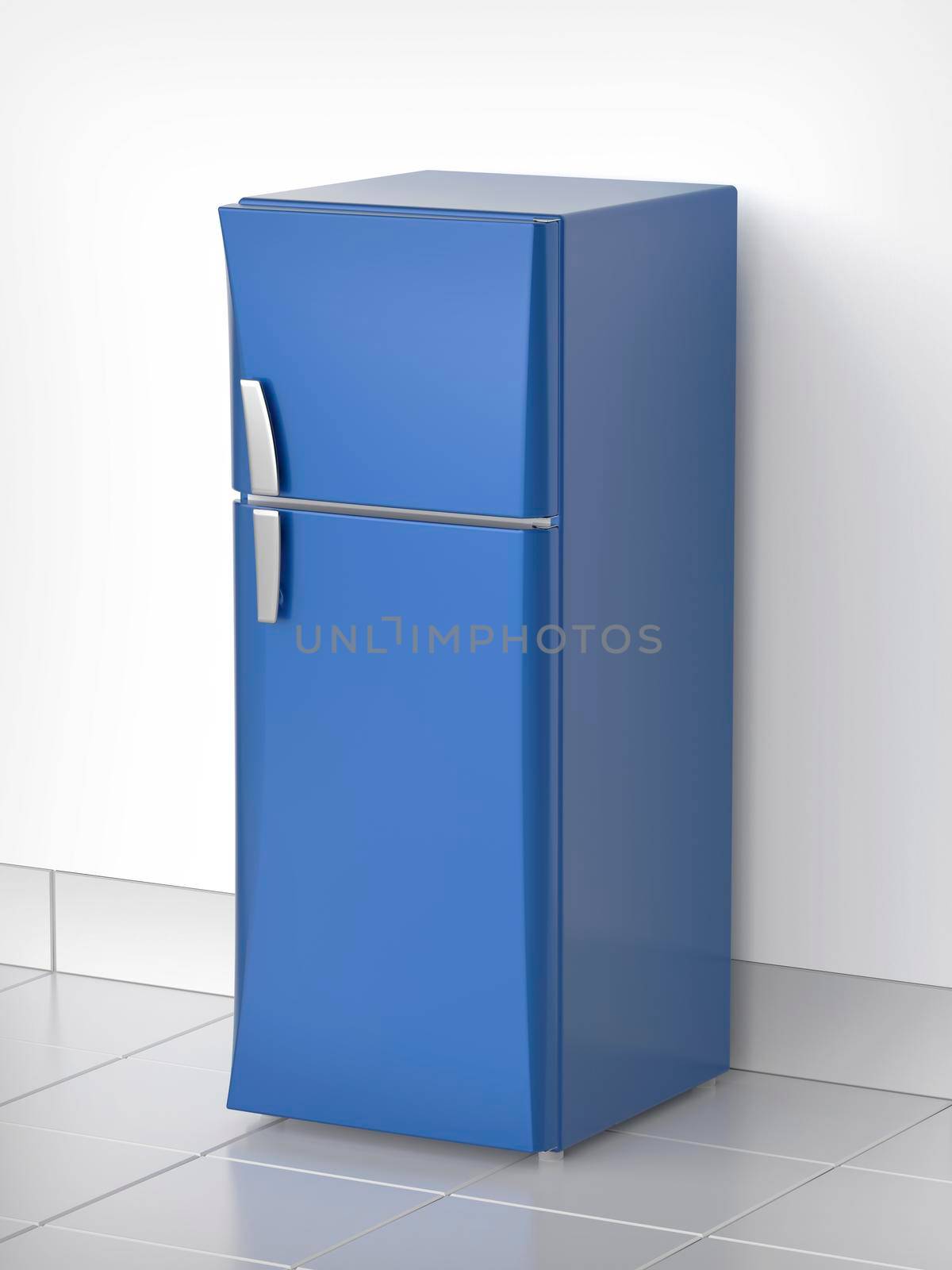 Modern blue refrigerator in the kitchen