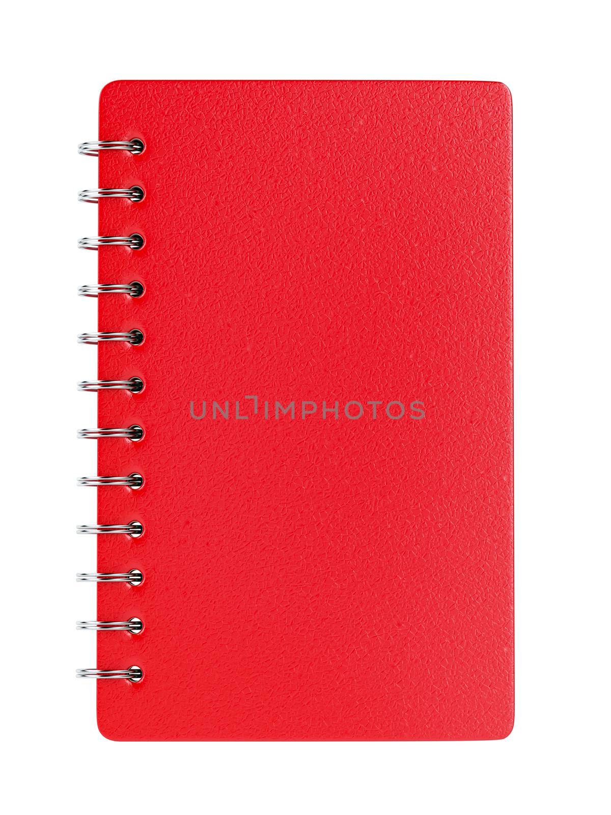Red notebook isolated on white background, front view
