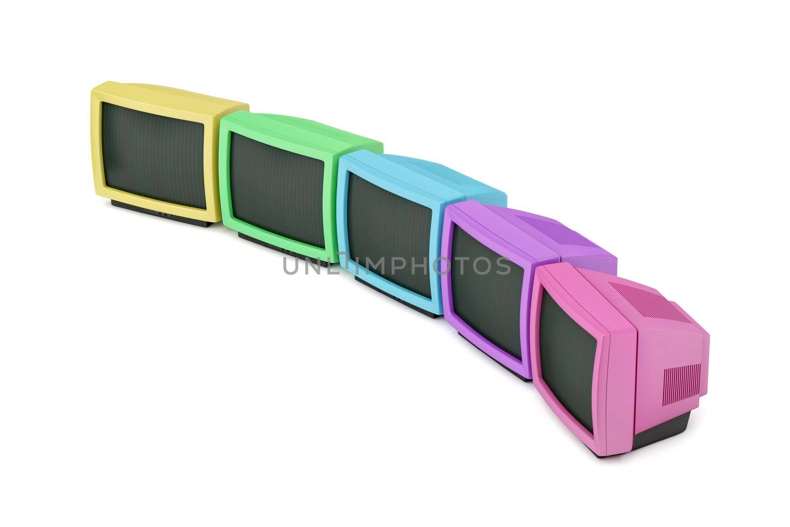 Five colorful retro tv's on white background