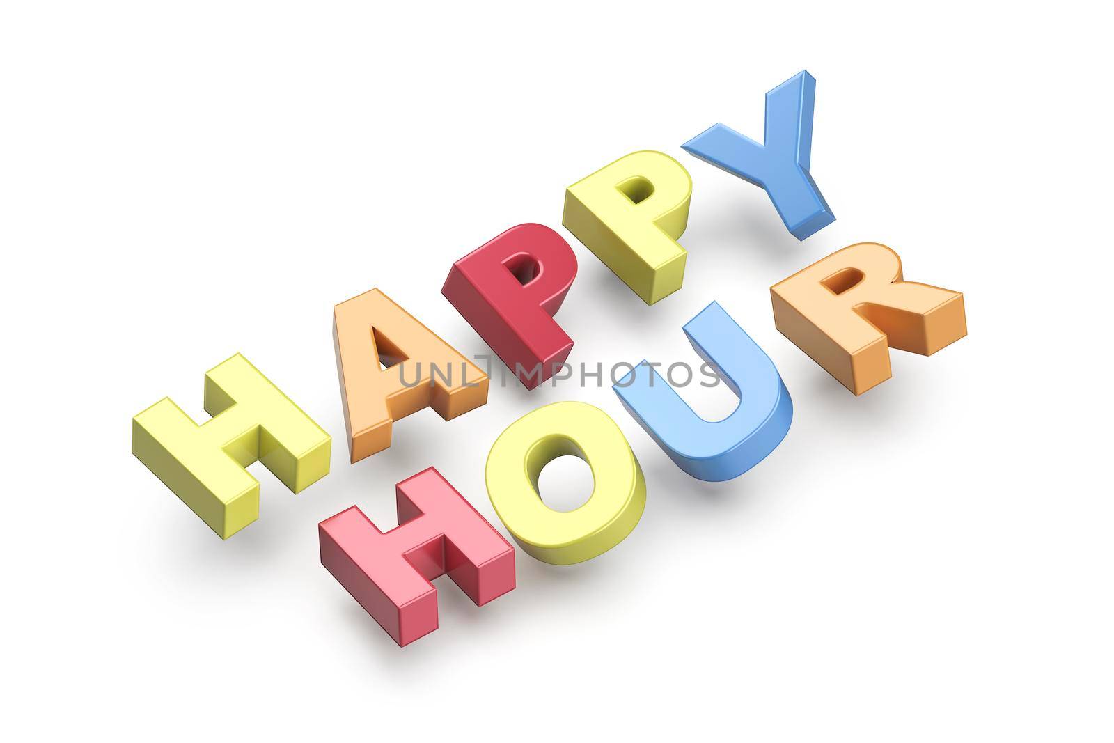 Happy hour promo text with colorful letters on white background