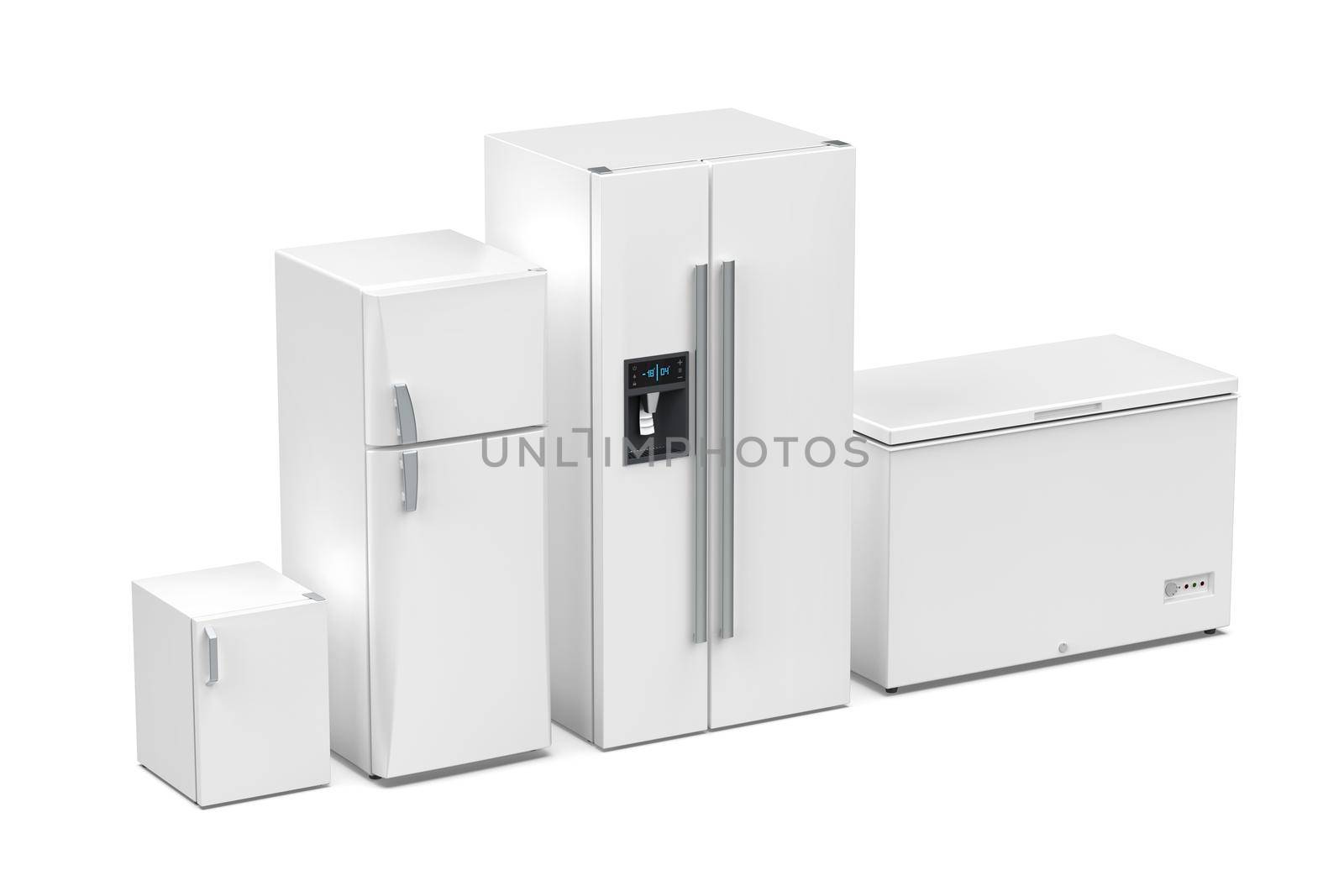 Group of four different refrigerators on white background