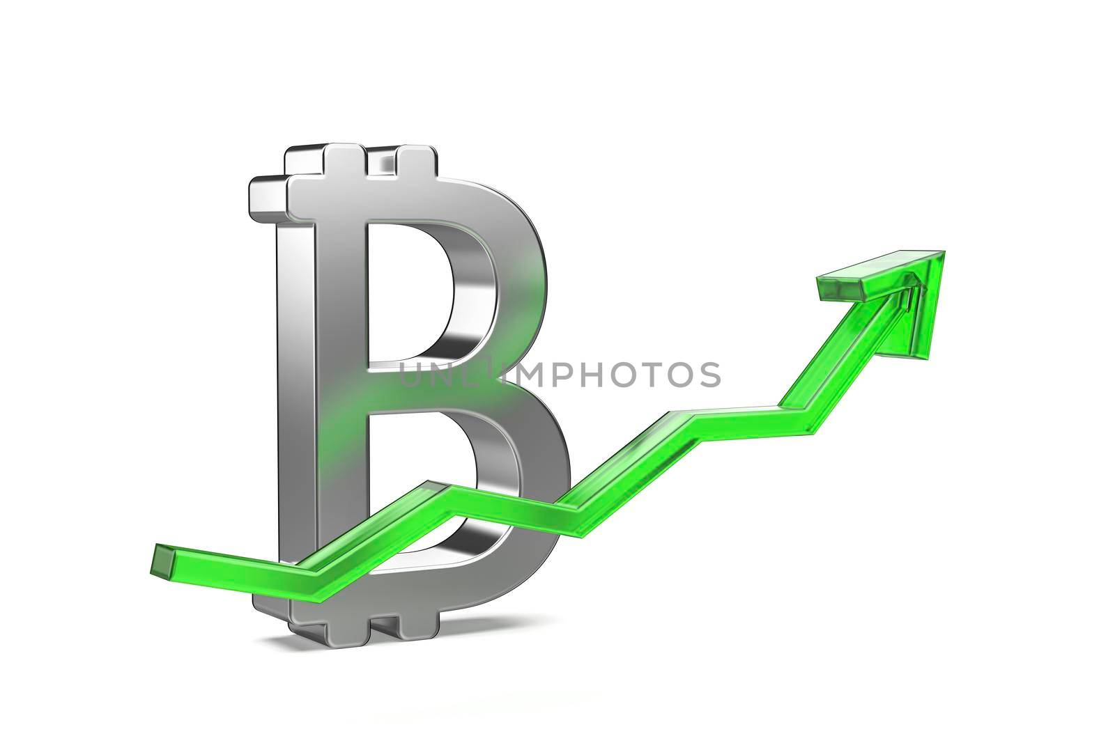 Bitcoin symbol with green arrow pointing up by magraphics