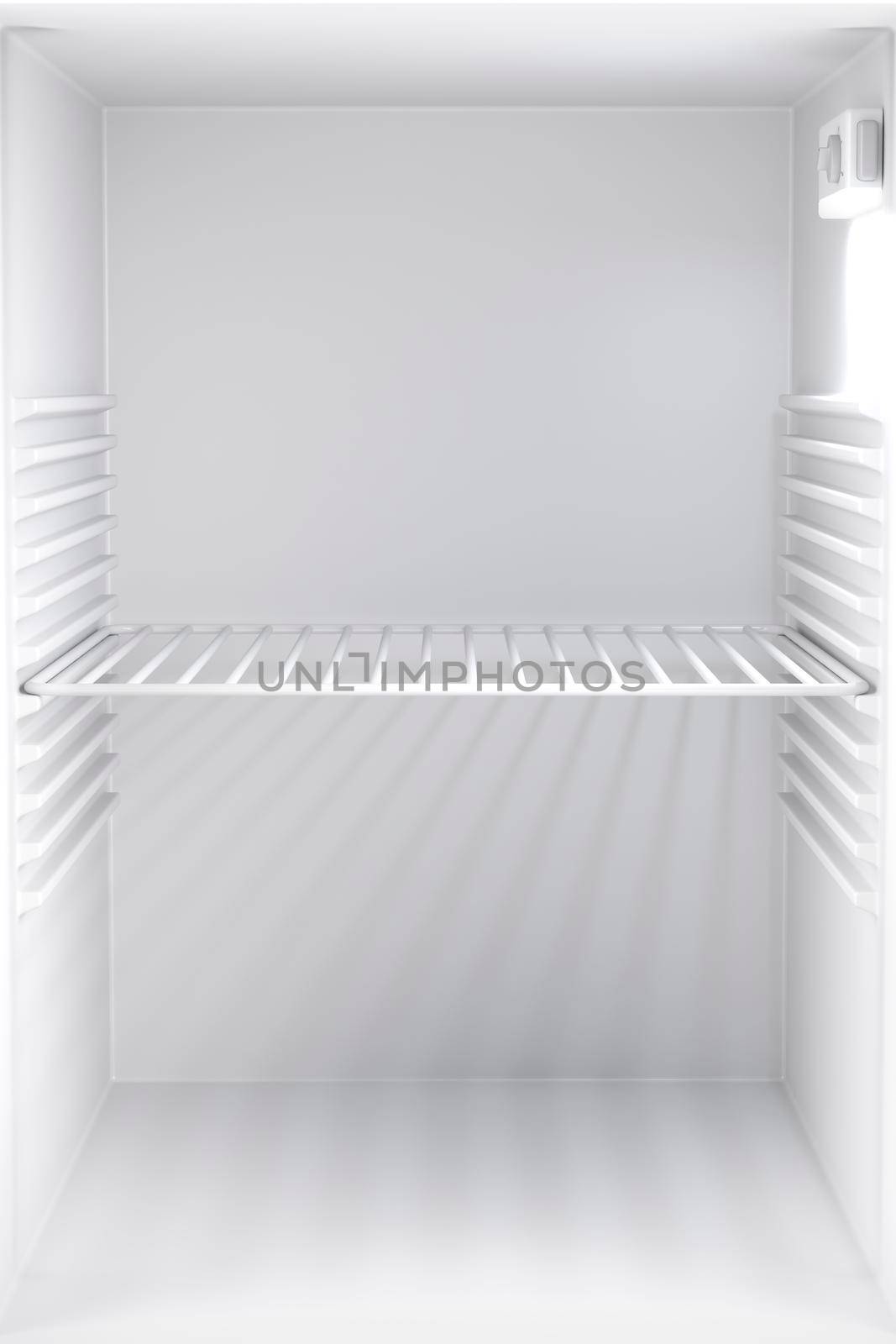 Inside view of an empty small refrigerator, front view