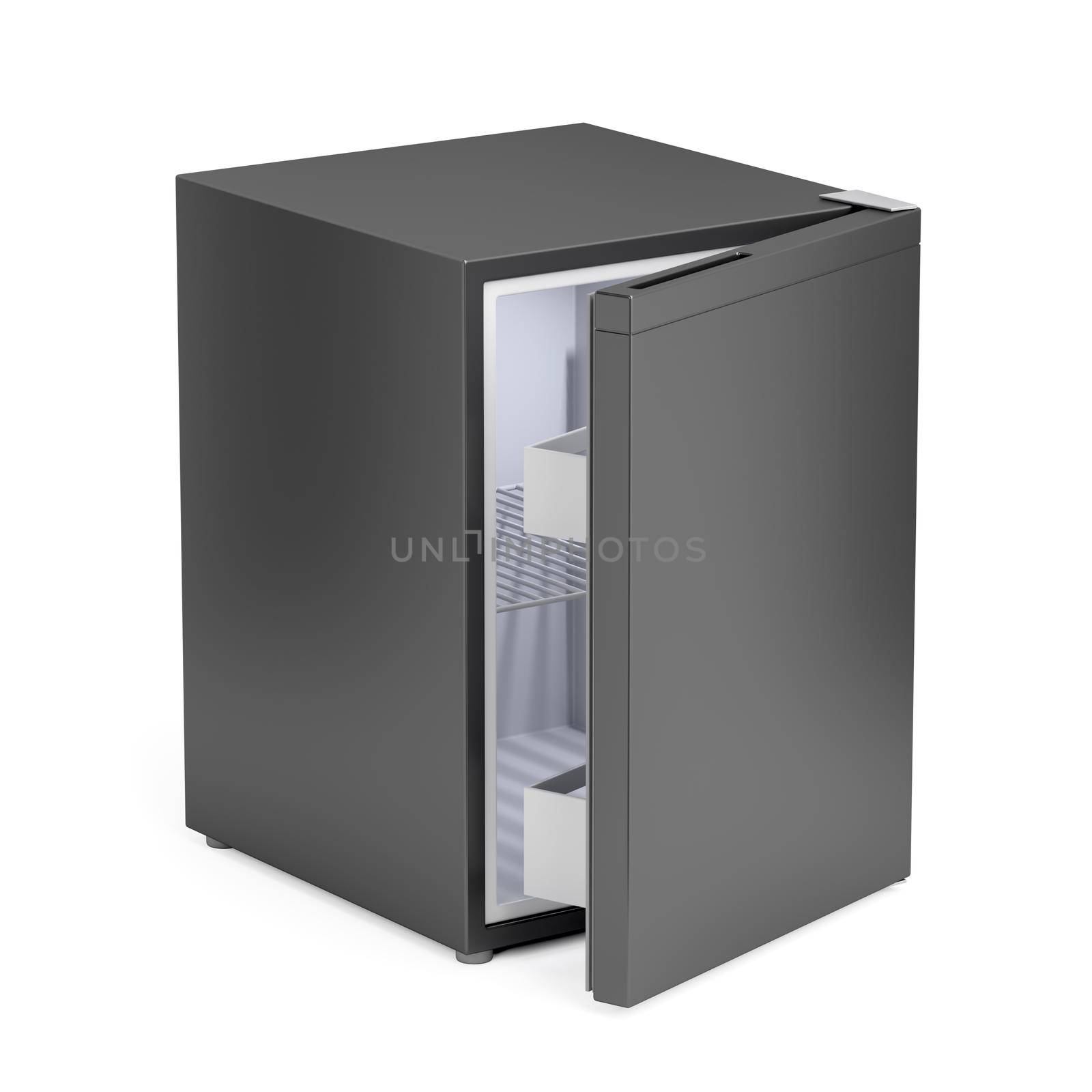 Small black refrigerator on white background