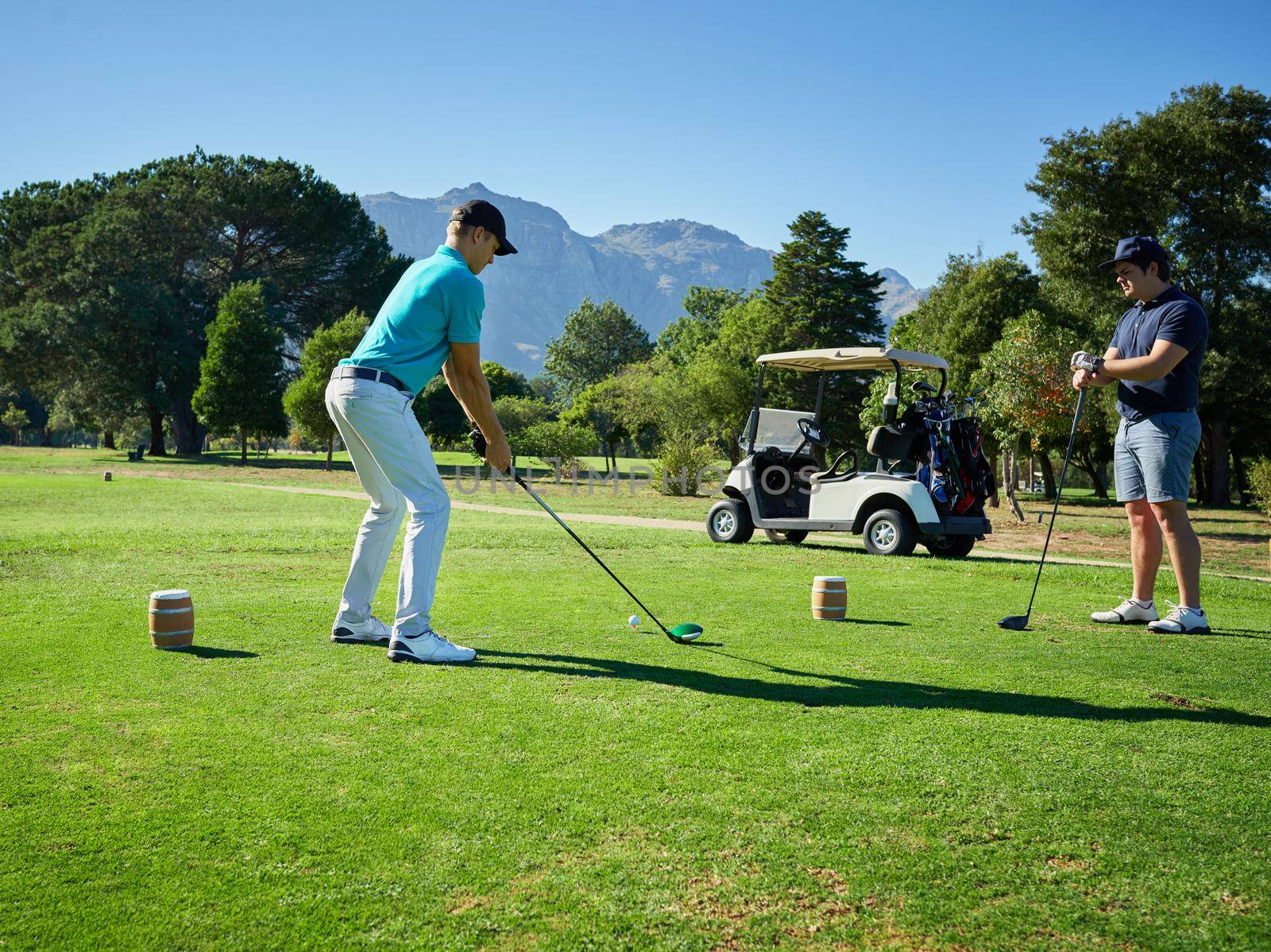 A good posture makes for a good swing. Shot of two focused young men playing a game of golf outside on a golf course. by YuriArcurs