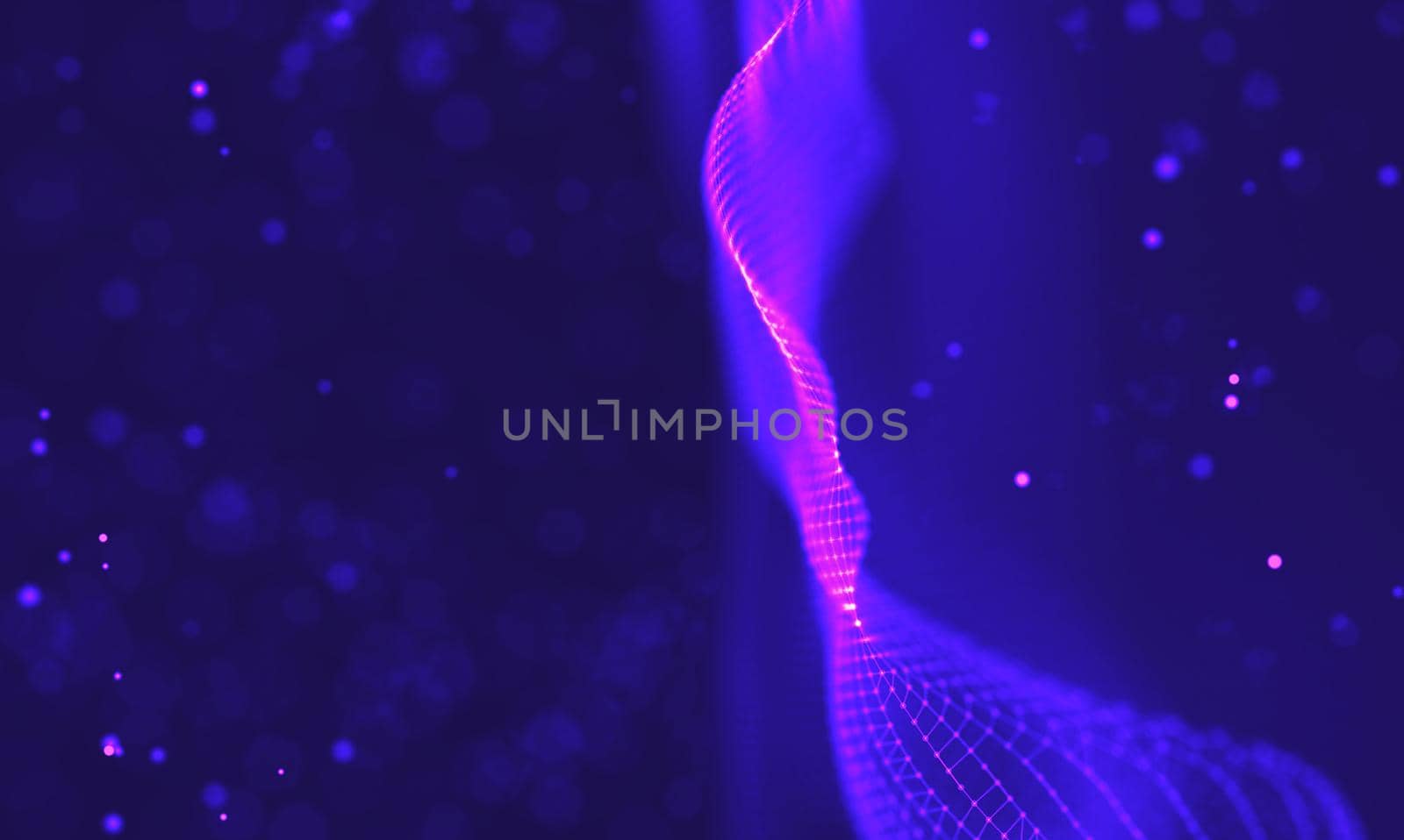 Abstract futuristic illustration of polygonal surface. Low poly shape with connecting dots and lines on dark background. 3D rendering