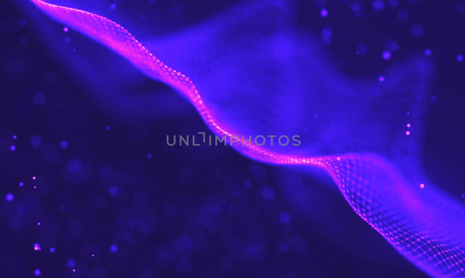 Abstract futuristic illustration of polygonal surface. Low poly shape with connecting dots and lines on dark background. 3D rendering