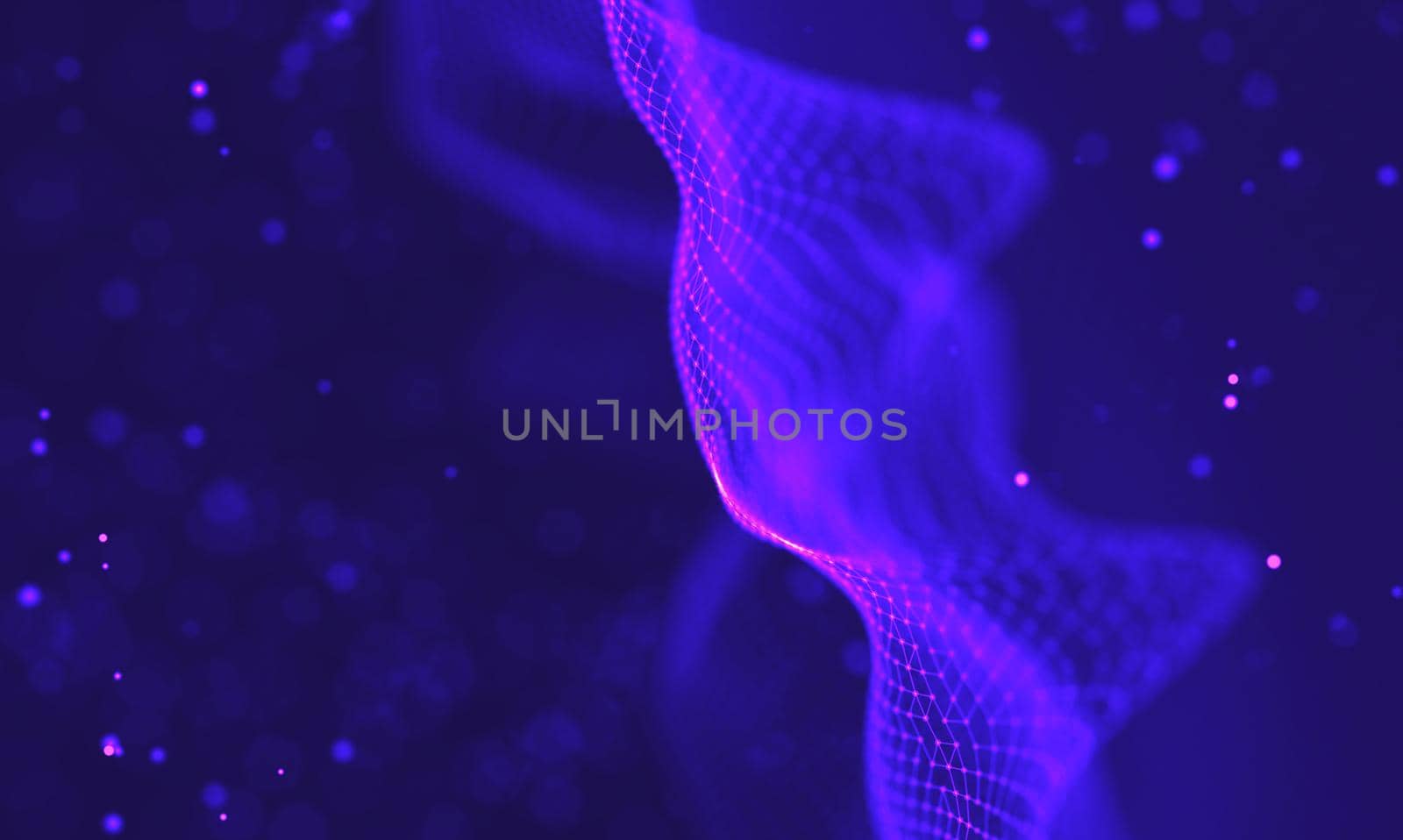 Abstract futuristic illustration of polygonal surface. Low poly shape with connecting dots and lines on dark background. 3D rendering