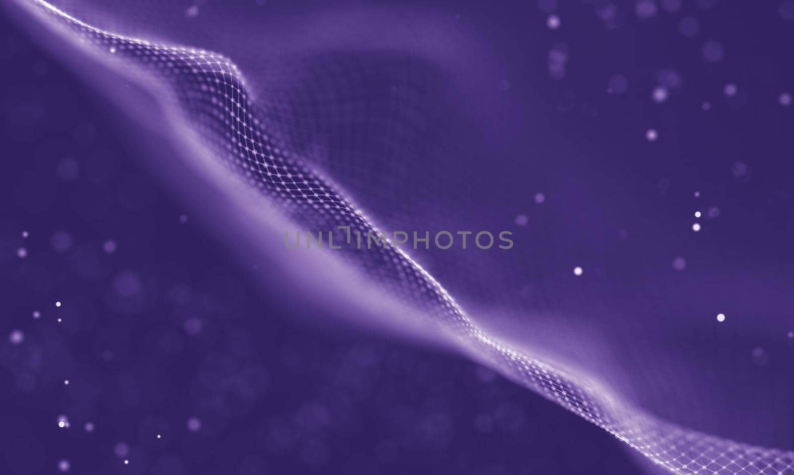 Abstract futuristic illustration of polygonal surface. Low poly shape with connecting dots and lines on dark background. 3D rendering