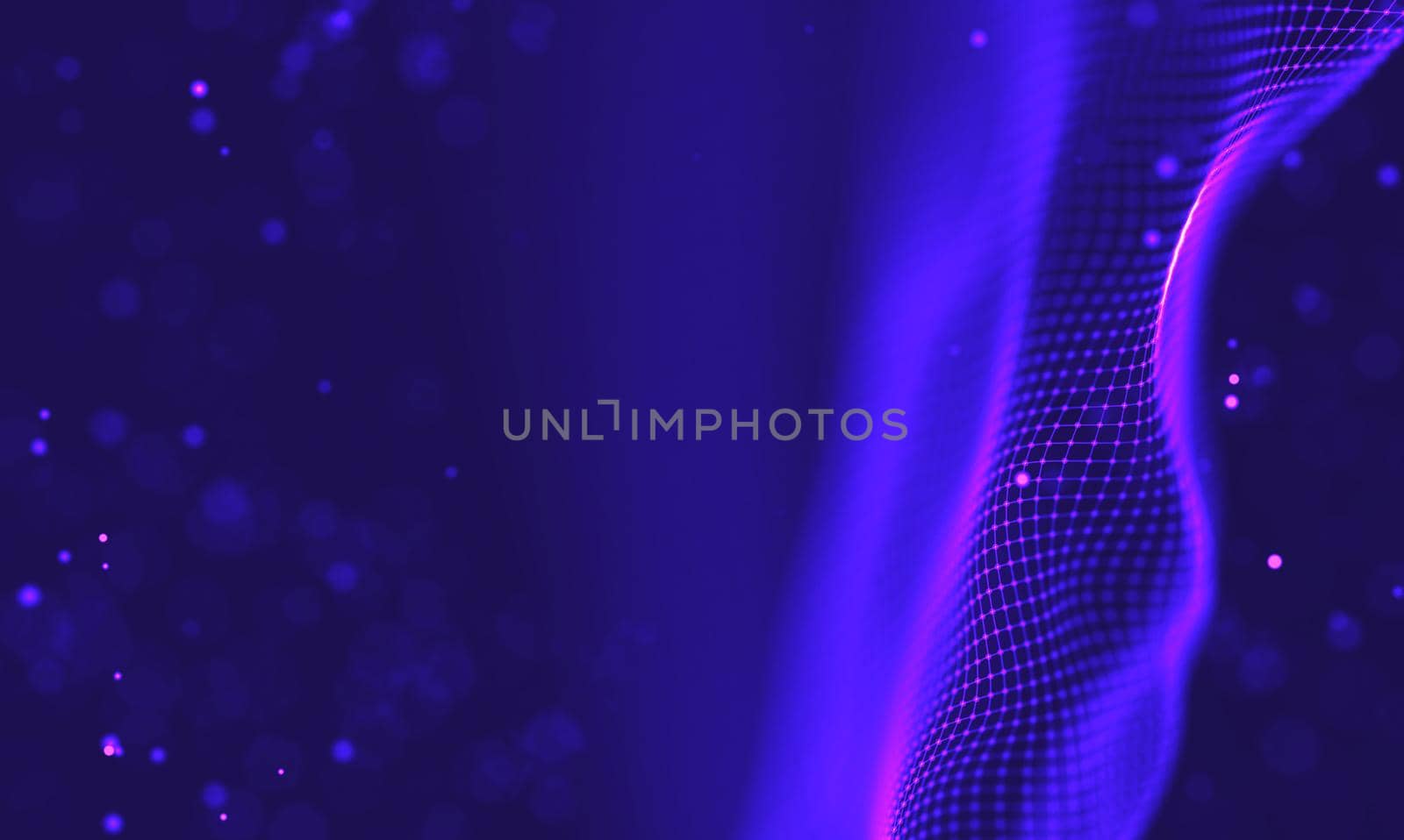 Abstract futuristic illustration of polygonal surface. Low poly shape with connecting dots and lines on dark background. 3D rendering