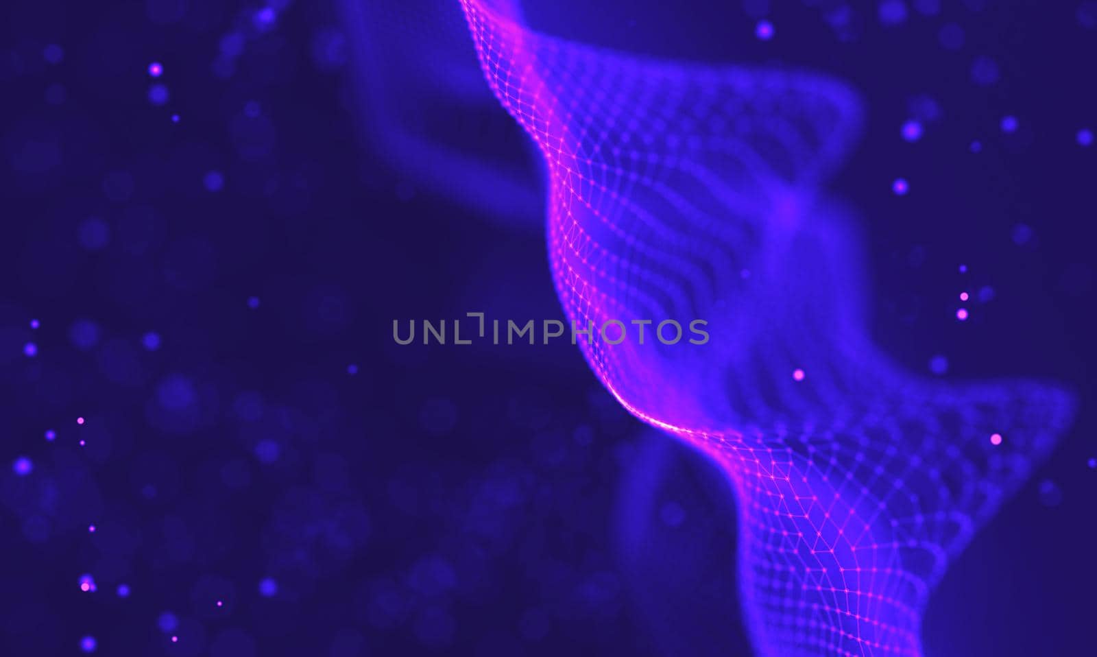 Abstract futuristic illustration of polygonal surface. Low poly shape with connecting dots and lines on dark background. 3D rendering