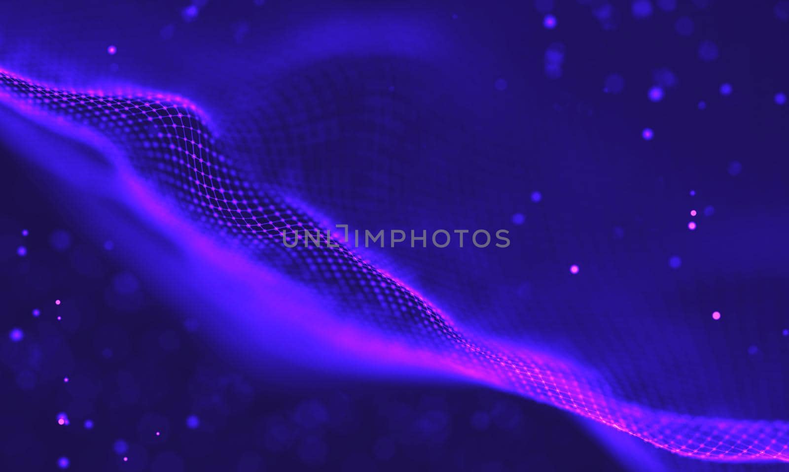 Abstract futuristic illustration of polygonal surface. Low poly shape with connecting dots and lines on dark background. 3D rendering